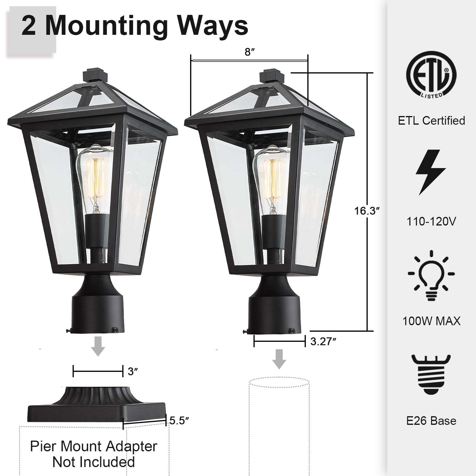 Outdoor Post Light Fixture - Black Aluminum Waterproof & Rust-Resistant Medium Size Lamp Post Lighting for Walkway, Driveway, Patio, Porch | Perfect for Garden, Yard, and Outdoor Pathway Illumination