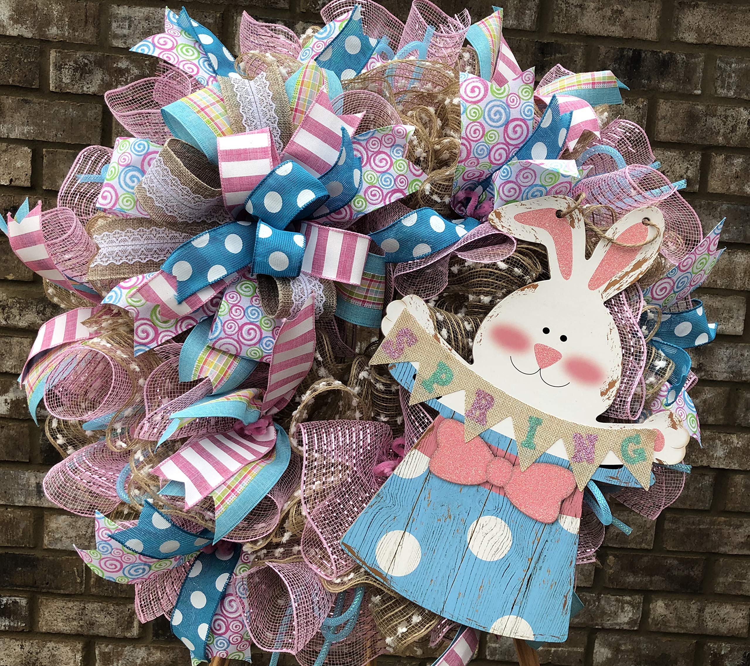 Rustic Spring Easter Bunny Wreath - Handmade Floral Door Hanger for Easter Decorations, Farmhouse Wall Decor with Burlap Bow - Perfect for Front Door, Mantel, or Spring Party Decor (Free Shipping)