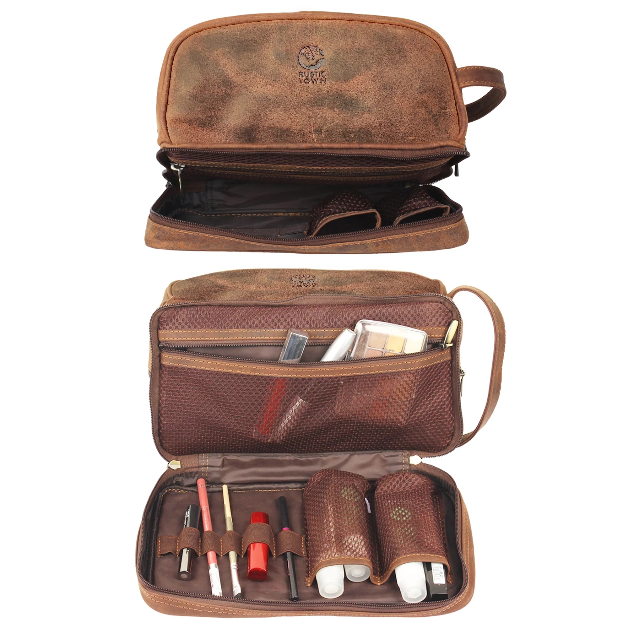 Premium Nancy Leather Travel Makeup Bag for Women - Waterproof Cosmetic Organizer (Brown) - Perfect for Air Travel, Vacation & Daily Essentials Storage