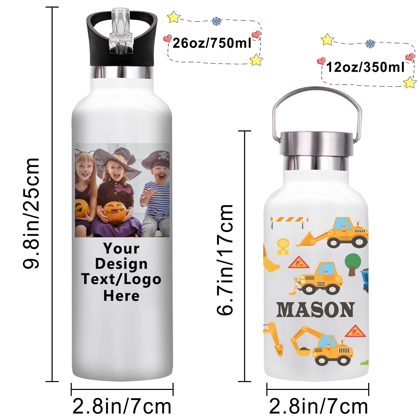 Custom Insulated Water Bottles 10-Pack with Straw - Personalized Name & Text (26oz/12oz) - Bulk School Supplies, Sports, Gym & Outdoor Activities Hydration Essentials