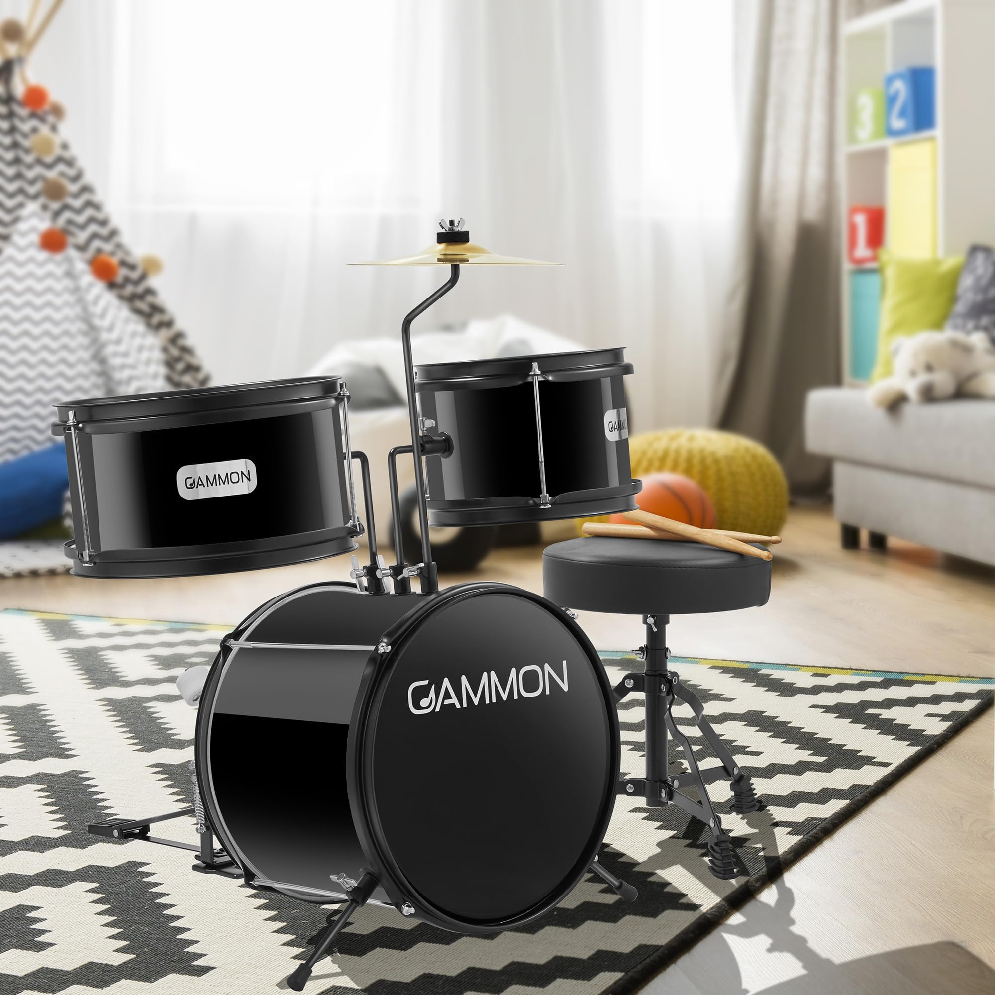 Gammon 3-Piece Junior Drum Set with Throne - Black Complete Beginner Drum Kit with Bass Drum, Toms, Cymbal, Pedal & Drumsticks | Perfect for Kids Learning Music, Home Practice & Small Performances