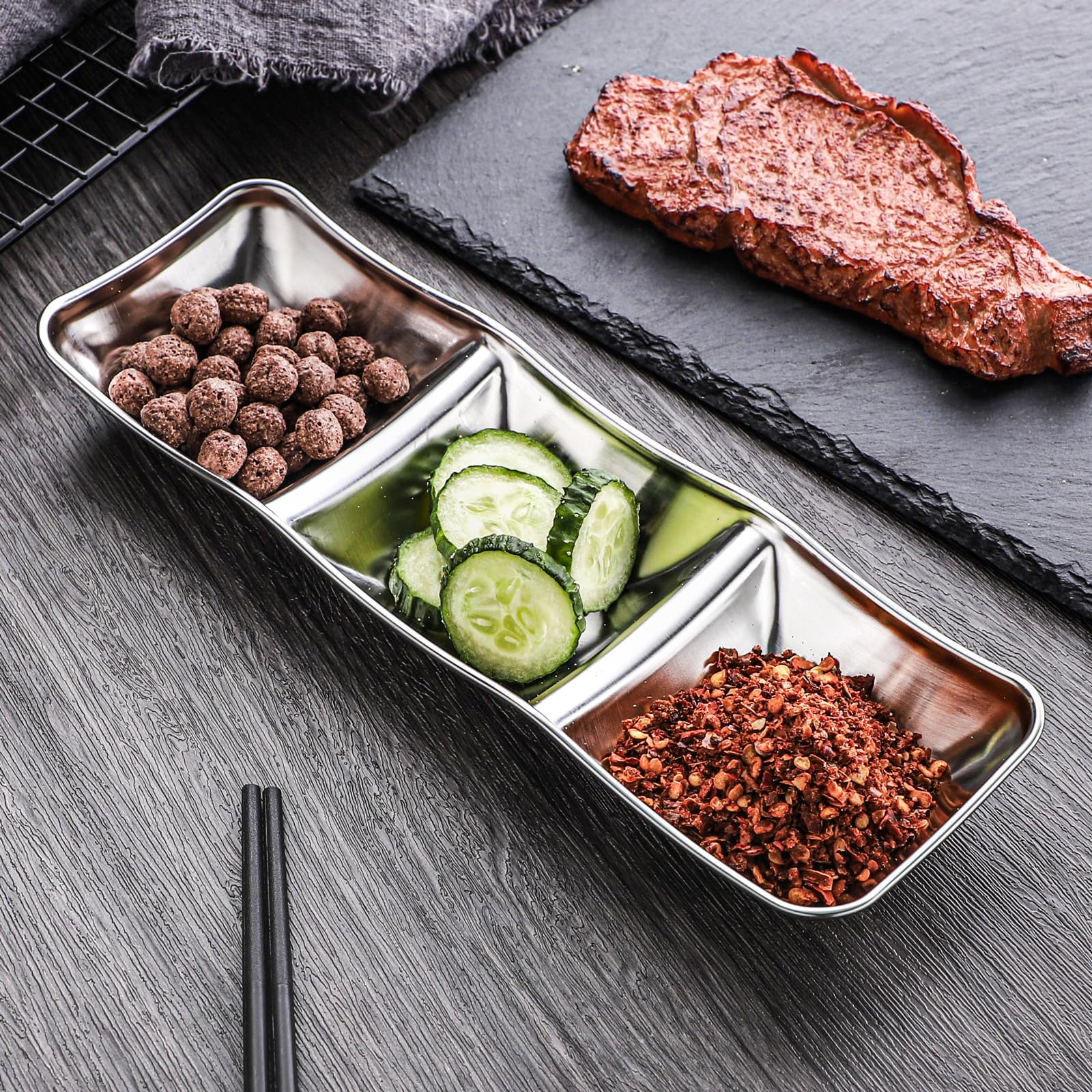 6-Piece Stainless Steel Divided Sauce Bowls - 3 Compartment Dipping Dishes for Soy Sauce, Ketchup, Seasoning - Perfect for Sushi, Dumplings, Hot Pot & Asian Cuisine