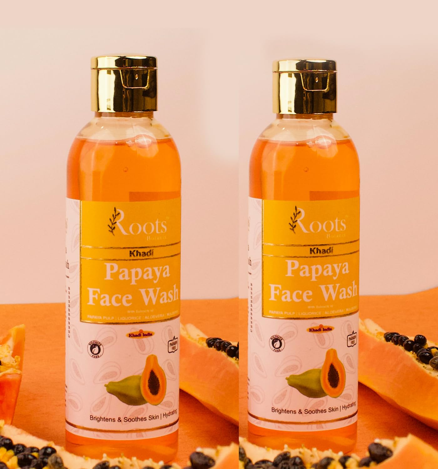 Roots Botanix Papaya Face Wash for Glowing Skin - Brightening & De-Tan Cleanser | Anti-Pollution & Pimple Control | Gentle Liquid Soap (200ml, Pack of 2) | Perfect for Daily Skincare Routine & Travel Essentials