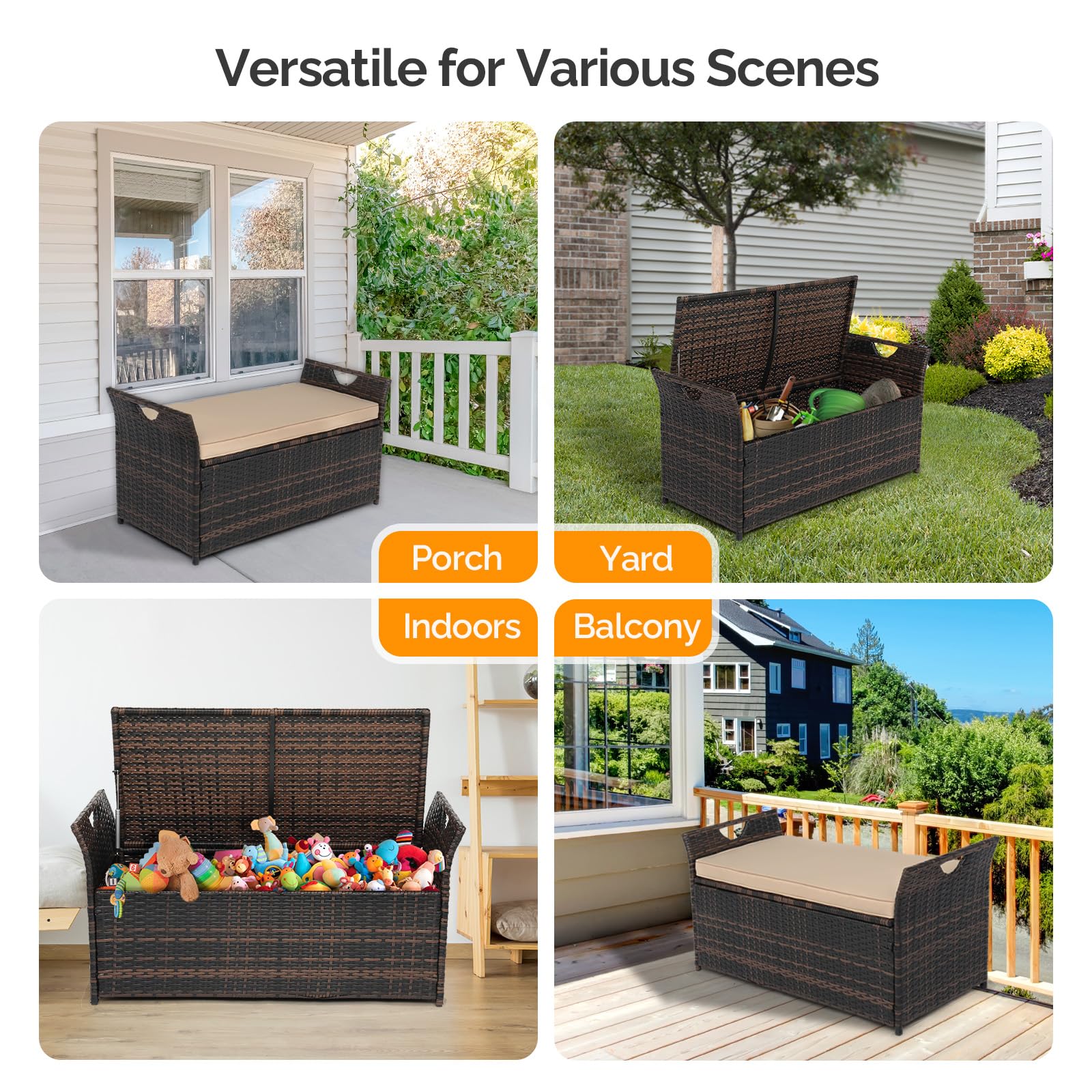 VINGLI 40 Gallon Outdoor Storage Bench with Cushion - Rattan Wicker Deck Box with Seat for Patio, Garden, Balcony, Porch, Pool & Yard | Weather-Resistant Brown Frame & Beige Cushion | Perfect for Outdoor Seating, Blanket Storage & Poolside Organization