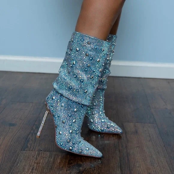 Women's Chelsea Embellished Denim Boots - Stylish Ankle Boots with Rhinestone Decor for Casual Outfits & Night Out | Perfect for Fall Fashion, Date Nights & Office Wear