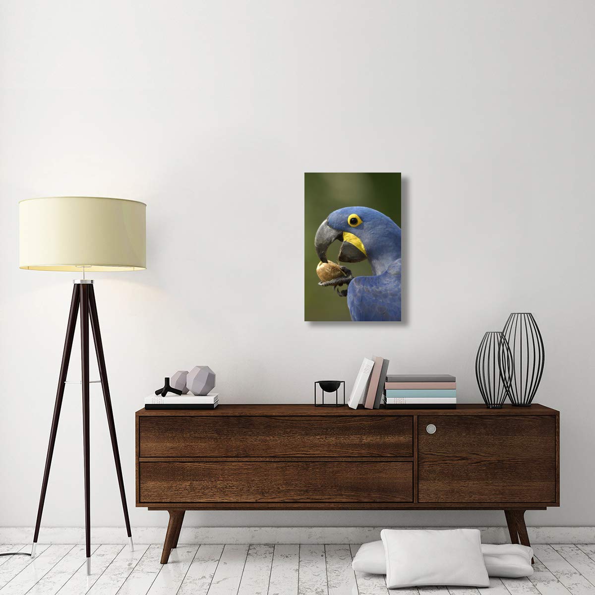 Hyacinth Macaw in Cerrado Habitat Cracking Open Piassava Palm Nut - Brazil Wildlife Canvas Art Print 20x30 Inches - Perfect for Living Room, Office & Nature Lover Decor