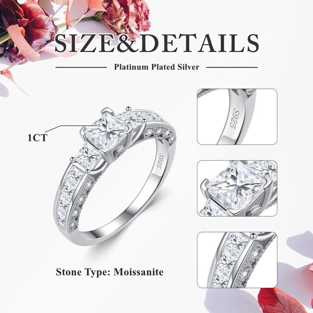 1.33 Carat Moissanite Princess Cut Engagement Ring for Women - Platinum Plated Silver Vintage Wedding Promise Ring (3 Stone Design) | Perfect for Proposals, Anniversaries & Special Occasions