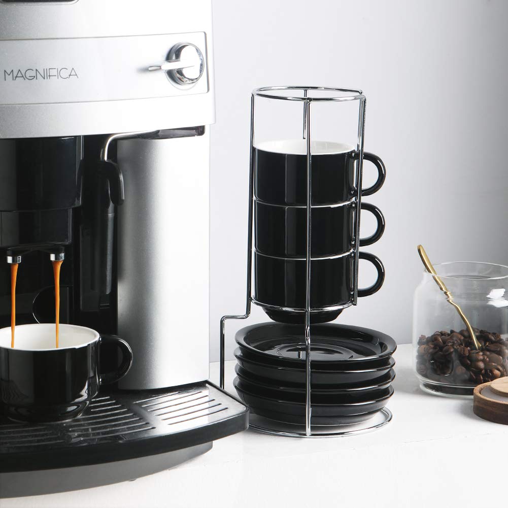 Premium 4oz Ceramic Espresso Cups with Saucers & Metal Stand - Stackable Cappuccino, Latte & Tea Set of 4 (Black) - Perfect for Home Coffee Bars, Cafés & Gifts