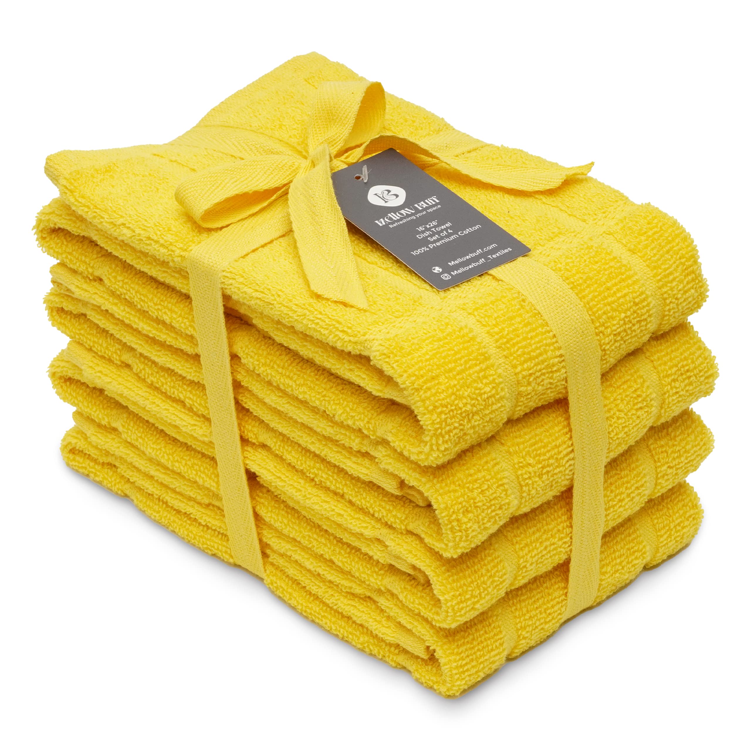 Premium 100% Cotton Terry Dish Towels - 4 Pack Super Soft & Absorbent Kitchen Towels, 16x26 Inches, Plain Yellow | Ideal for Kitchen Cleaning, Dish Drying & Hand Wiping