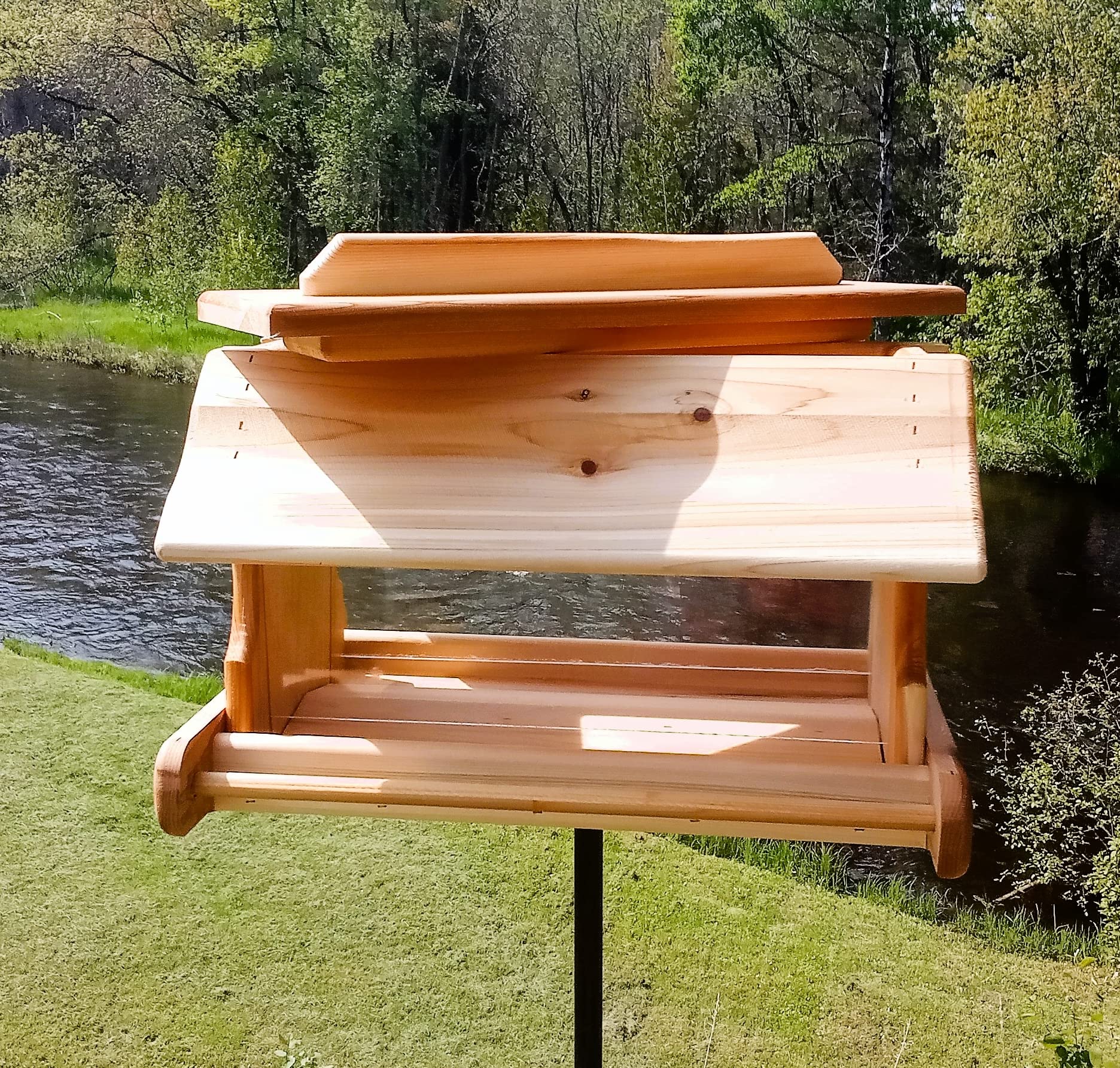 20 Inch Cedar Wood Post Mount Bird Feeder - Durable Outdoor Bird Feeder for Garden, Yard & Backyard - Attracts Cardinals, Finches & Wild Birds