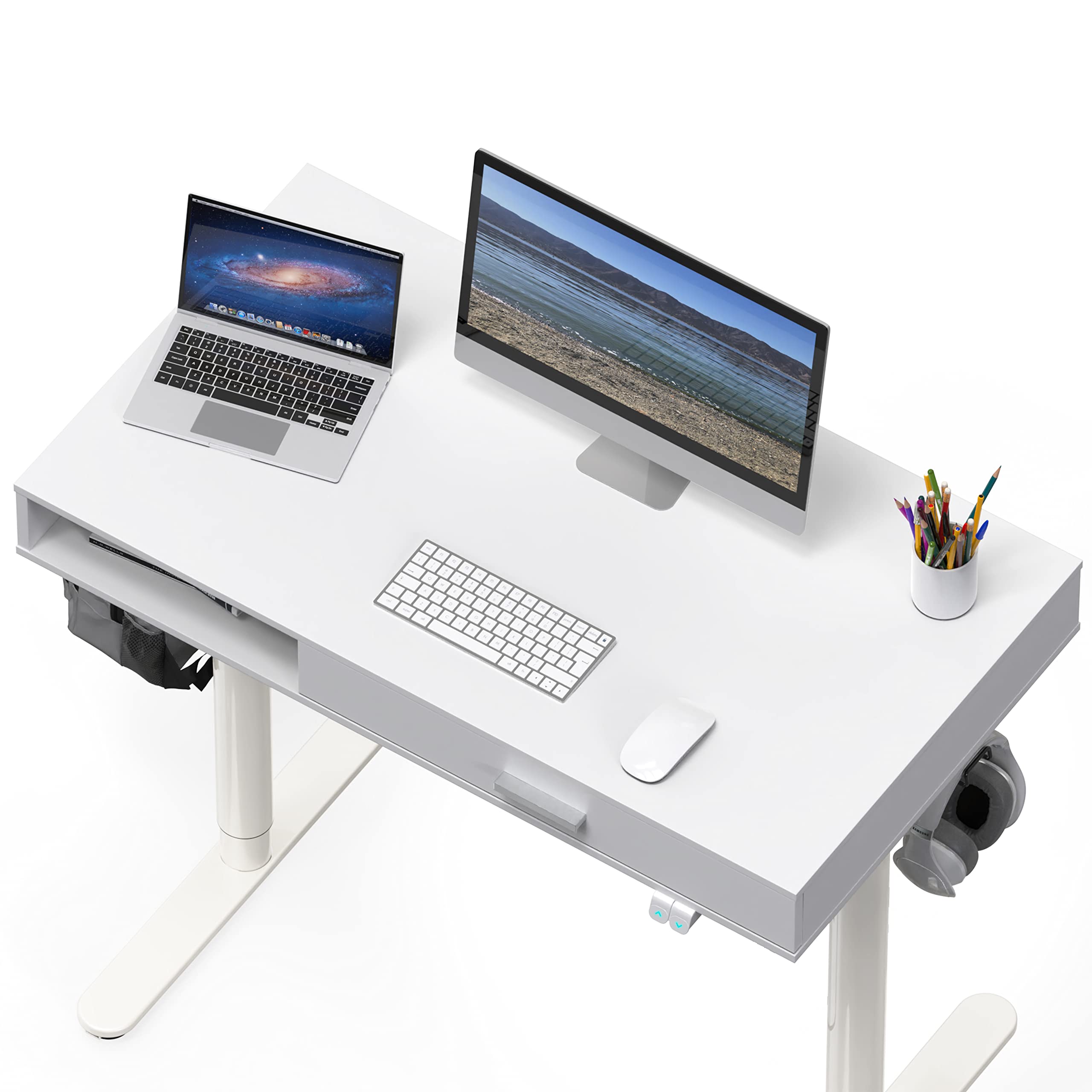 SHW Claire 40-Inch Electric Height Adjustable Standing Desk with Drawer - White | Home Office & Gaming Workstation for Ergonomic Comfort