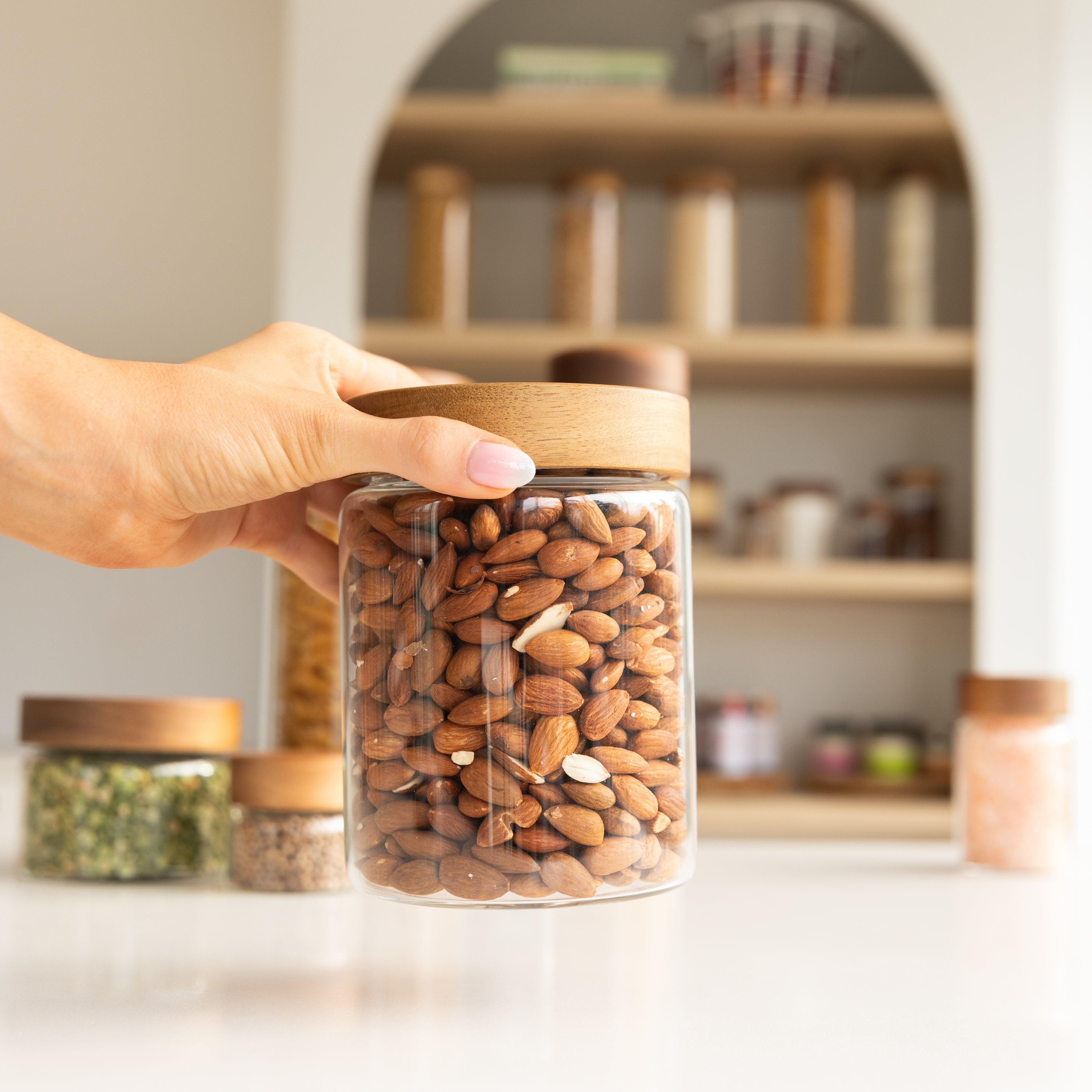Premium 1L Acacia Wood Glass Jar with Lid - Airtight Storage for Coffee, Tea, Spices & Kitchen Essentials - Perfect for Pantry Organization & Home Decor
