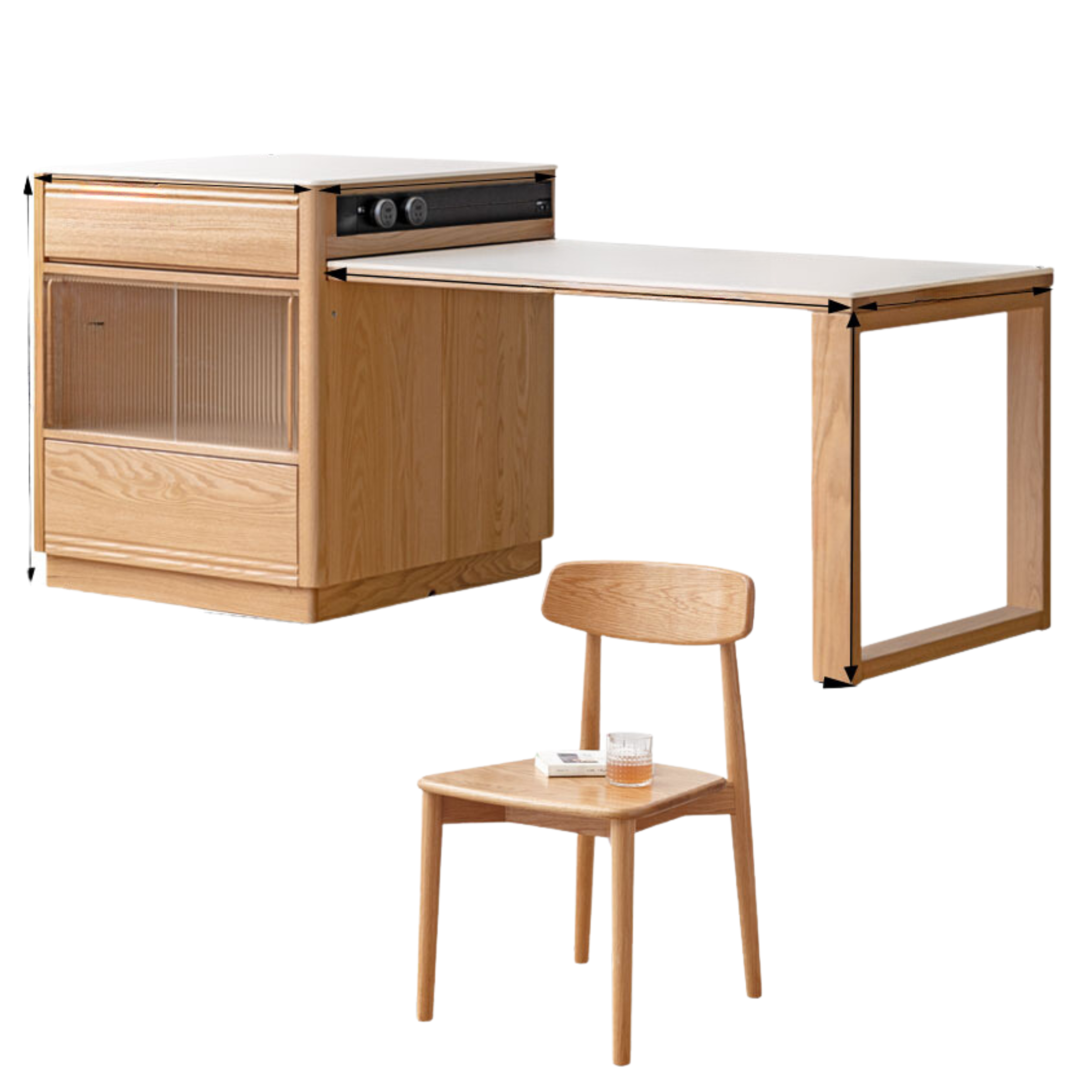 72.4-94.7x35x36.6 inch / 184-240.5x89x93сm / Natural wood color/ telescopic island + rock board dining table and four chairs + Deshen embedded electric rail