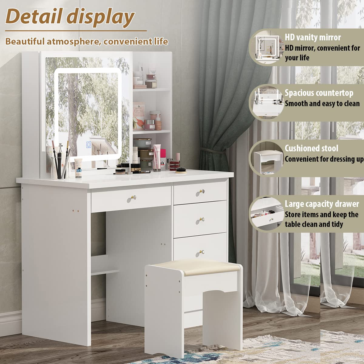 Large White Vanity Table Set with Lighted Mirror, 5 Drawers & Shelves - Makeup Dressing Desk with Cushioned Stool for Bedroom, Bathroom or Dorm Room Organization