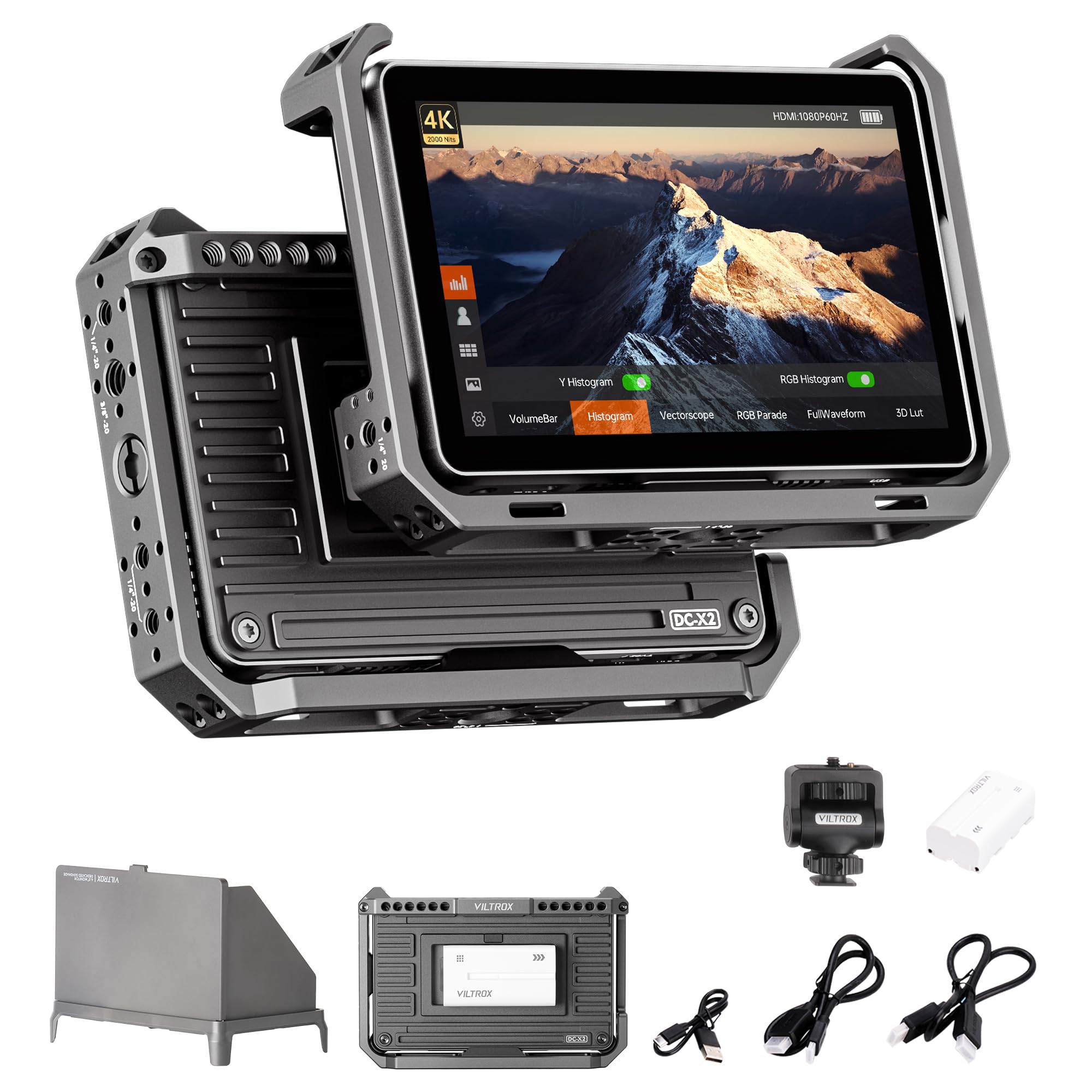 VILTROX DC-X2 6 Inch Touchscreen 4K HDMI Camera Field Monitor with Rig Cage - 2000 Nits High Brightness, Battery Powered, Sunshade Hood & USB 3D LUT Support - Professional Photography & Videography Monitor for DSLR, Mirrorless Cameras - Perfect for Outdoor Shooting, Studio Work & Film Production