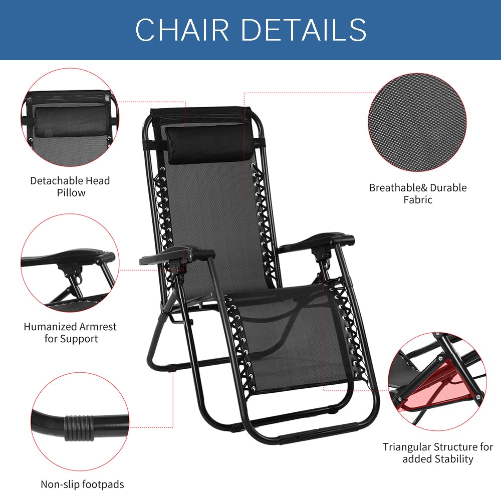 EZONE Zero Gravity Lounge Chair - Adjustable Reclining Outdoor Patio Chair with Steel Mesh & Cup Holder - Foldable Beach Pool Camping Recliner with Pillow - Perfect for Backyard, Deck, Garden Relaxation (Black)