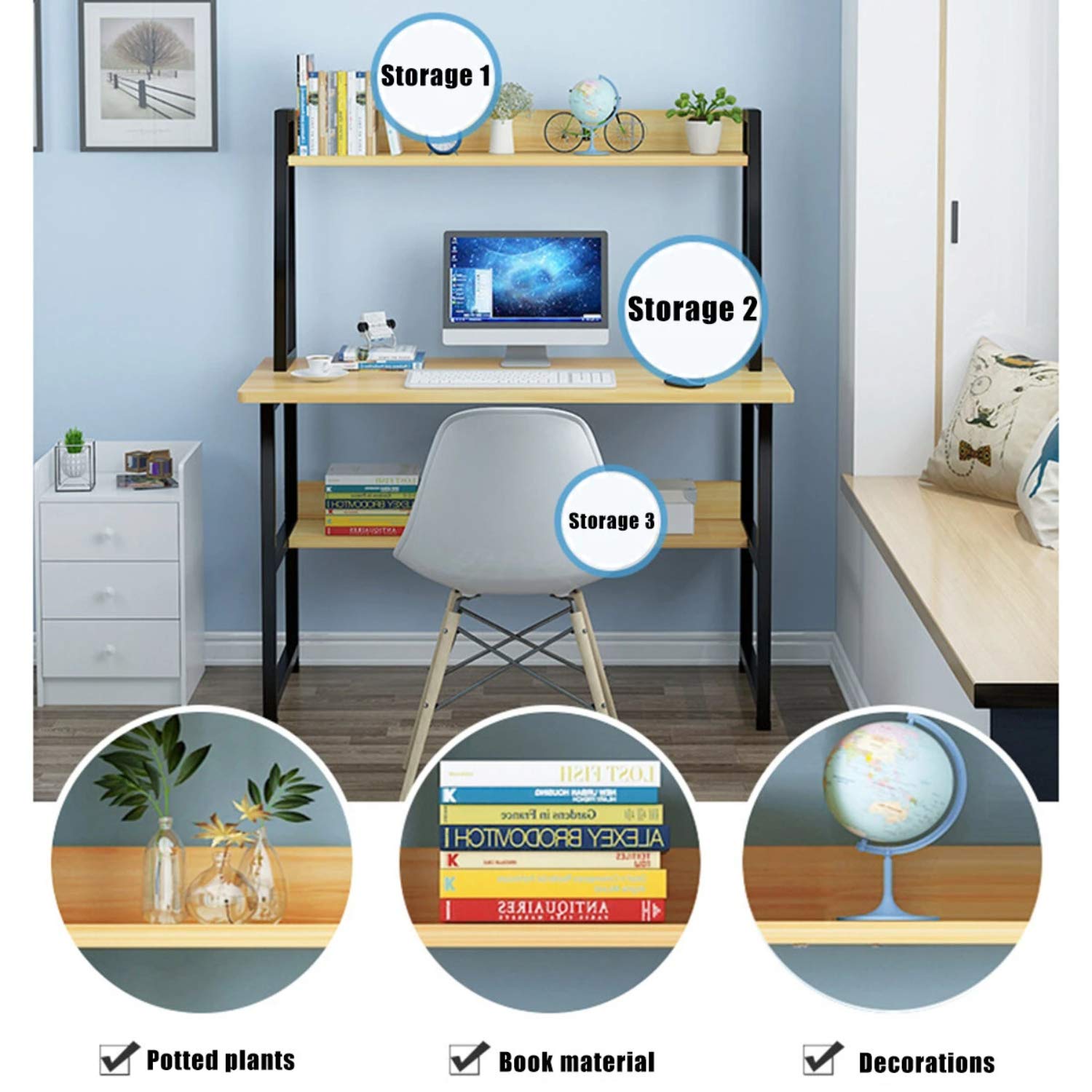 Large Computer Desk with Bookshelf - Sturdy Home Office Desk for Work & Study, Modern Writing Table with Storage Space - Perfect for Small Spaces & Remote Work