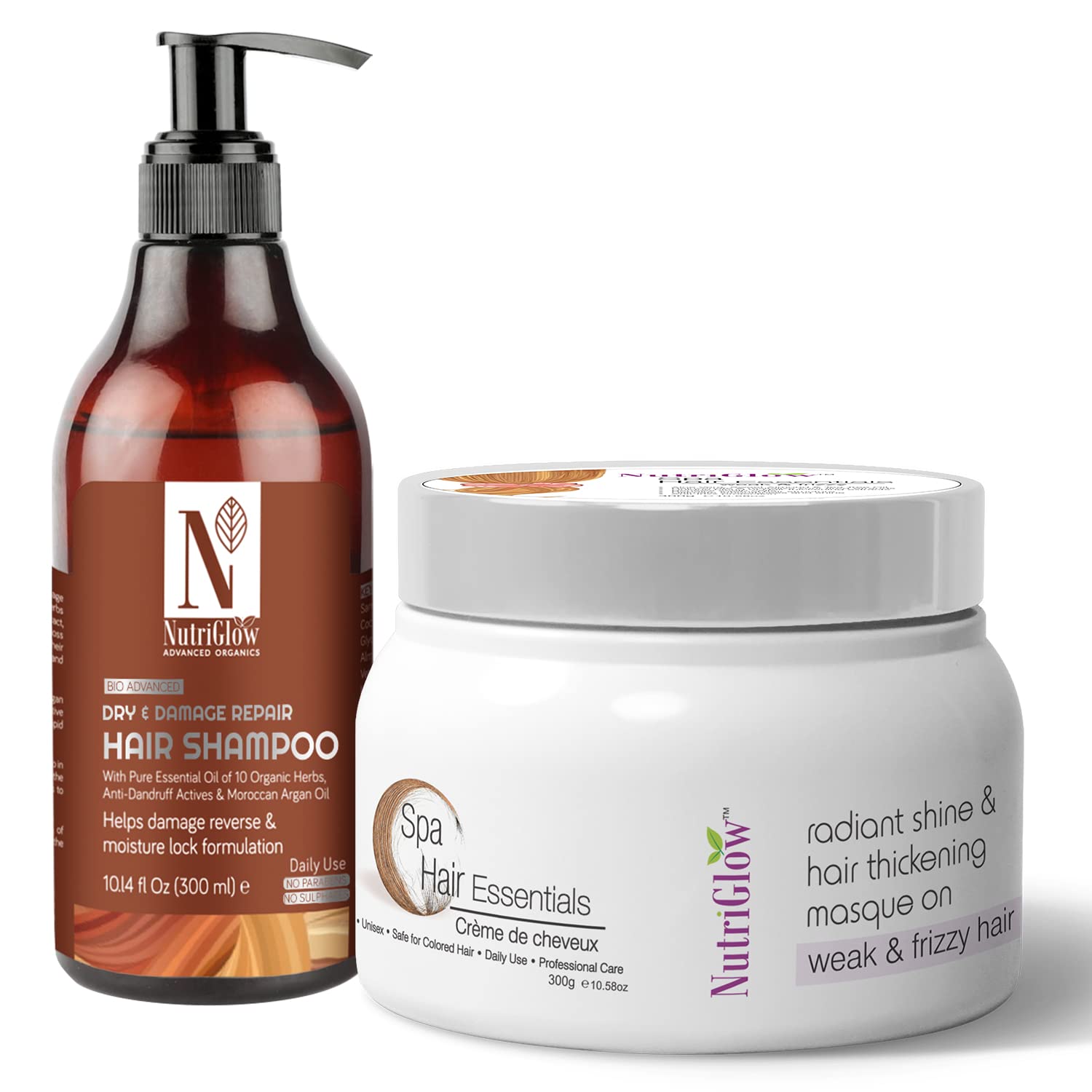 NutriGlow Hair Spa Cream (300g) & Shampoo (300ml) Set - Hydrating Treatment for Frizzy Hair, Shine Booster, Deep Nourishment & Moisture Lock - Pack of 2 - Perfect for Daily Hair Care & Salon-Like Treatment at Home