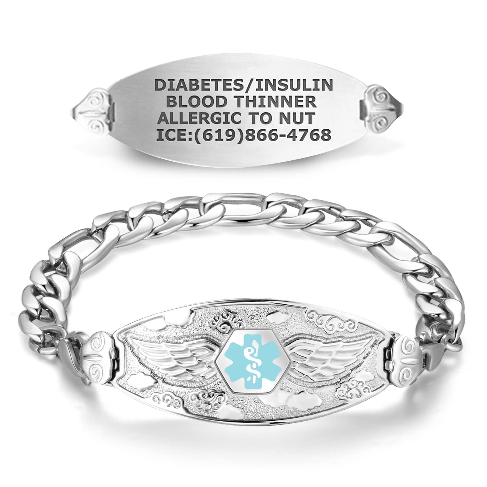 Divoti Custom Engraved Medical Alert Bracelets for Women - Stainless Steel Medical ID Bracelet with Free Engraving - Angel Wing Tag & Figaro Chain - Adjustable Sizes & Colors - Perfect for Emergency Medical Identification & Daily Wear