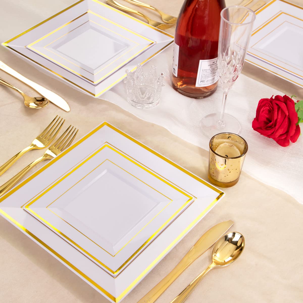 125-Piece Gold Plastic Dinnerware Set - 25 Gold Rimmed Dinner Plates, 25 Salad Plates, 25 Forks, 25 Knives & 25 Spoons - Elegant Disposable Tableware for Parties, Weddings & Events
