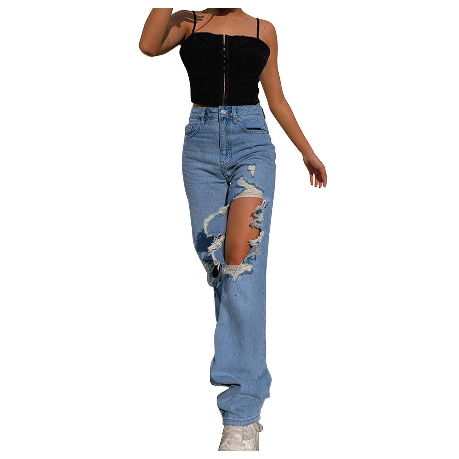 ZYNIC Women's Low Rise Y2K Fashion Jeans - Button Fly High Waist Stretch Denim with Pockets & Distressed Holes | Trendy Cute Jeans for Teen Girls & Young Women | Perfect for Casual Outfits, Streetwear & Vintage Looks