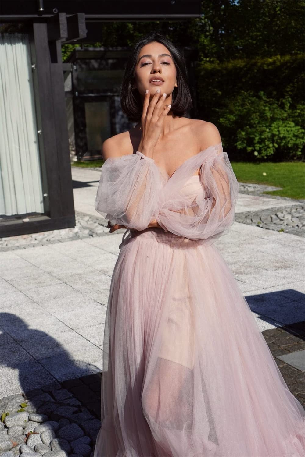 Elegant Off-Shoulder Tulle Maxi Dress with Sheer Puffy Sleeves for Women - Perfect for Evening Parties, Prom, Wedding Guest & Special Occasions