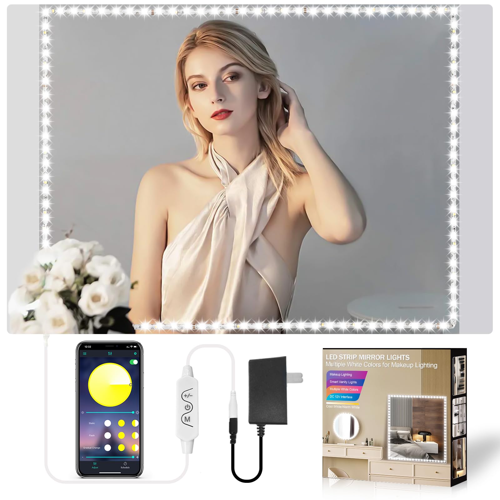 13ft Bendable LED Vanity Lights for Mirror - Dimmable Makeup Light with Power Supply, Ultra Bright White Strip Lights for Vanity Desk & Bathroom (Mirror Not Included) - Perfect for Home Makeup Stations, Salon Lighting, and Bathroom Vanity Decor