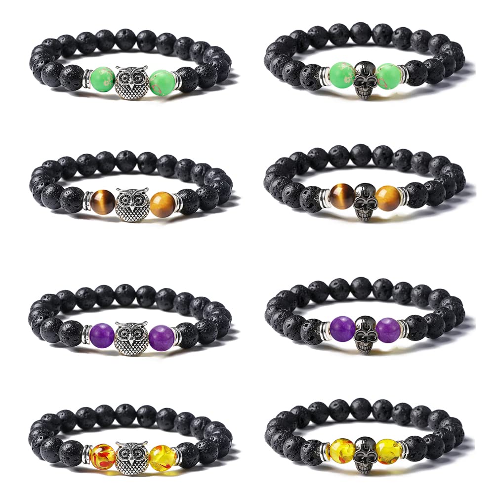 COLOYAN 8PCS Lava Rock Bracelet Set - Natural Stone Essential Oil Diffuser Bracelets with Owl & Skull Charms for Anxiety Relief, Aromatherapy & Spiritual Healing - Unisex Beaded Bracelets for Women & Men - Perfect for Meditation, Yoga, Stress Relief & Daily Wear