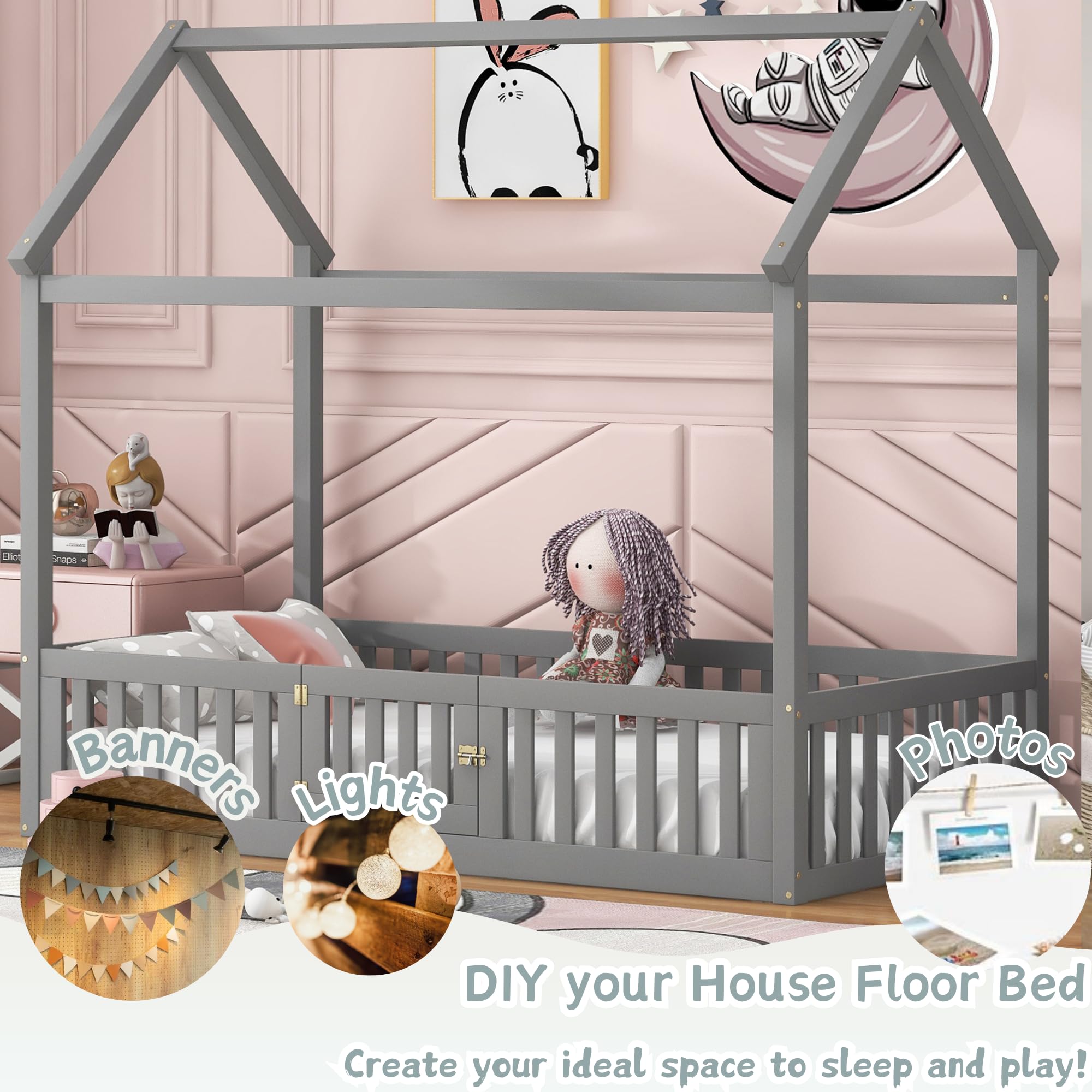Montessori Twin Size Wooden Floor Bed with Fence & Door - Playhouse Style Bed Frame for Kids, Teens, Boys & Girls (Gray) - Perfect for Playrooms, Bedrooms & Montessori Learning Spaces