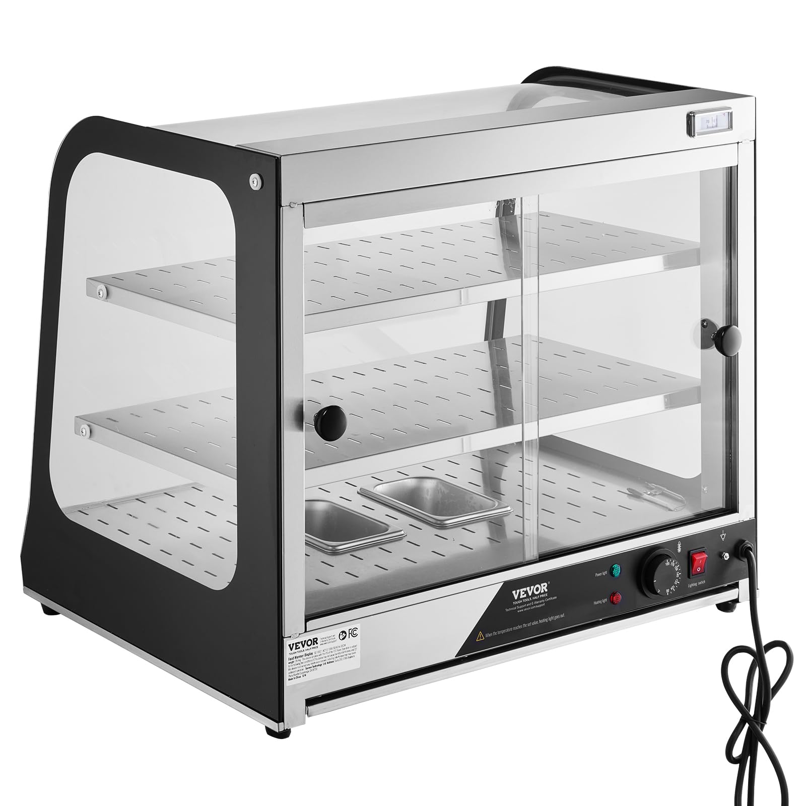 VEVOR 2-Tier Commercial Food Warmer Display - 850W Electric Countertop Food Warmer with Tempered Glass & Steam Heating, 86°F~185°F Adjustable Temperature, 111L Large Capacity for Restaurants, Cafes, Buffets - Perfect for Keeping Hamburgers, Pizza, Bread, Fried Chicken Warm and Fresh