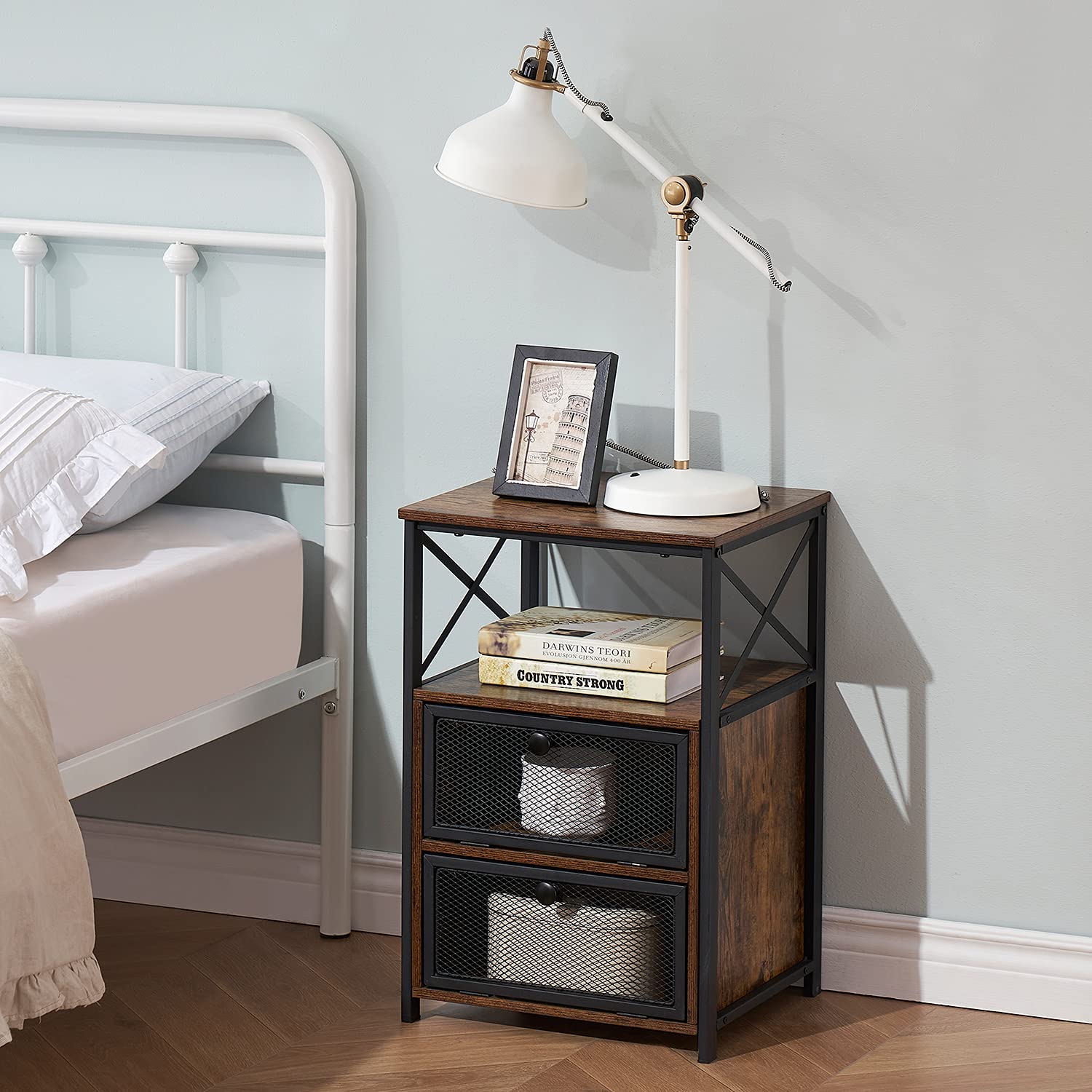 Queen Bed Frame with 2 Nightstands - Heavy Duty Metal Platform Bed Set with Storage Drawers, White & Brown Bedroom Furniture for Master Bedroom, Guest Room & Living Room