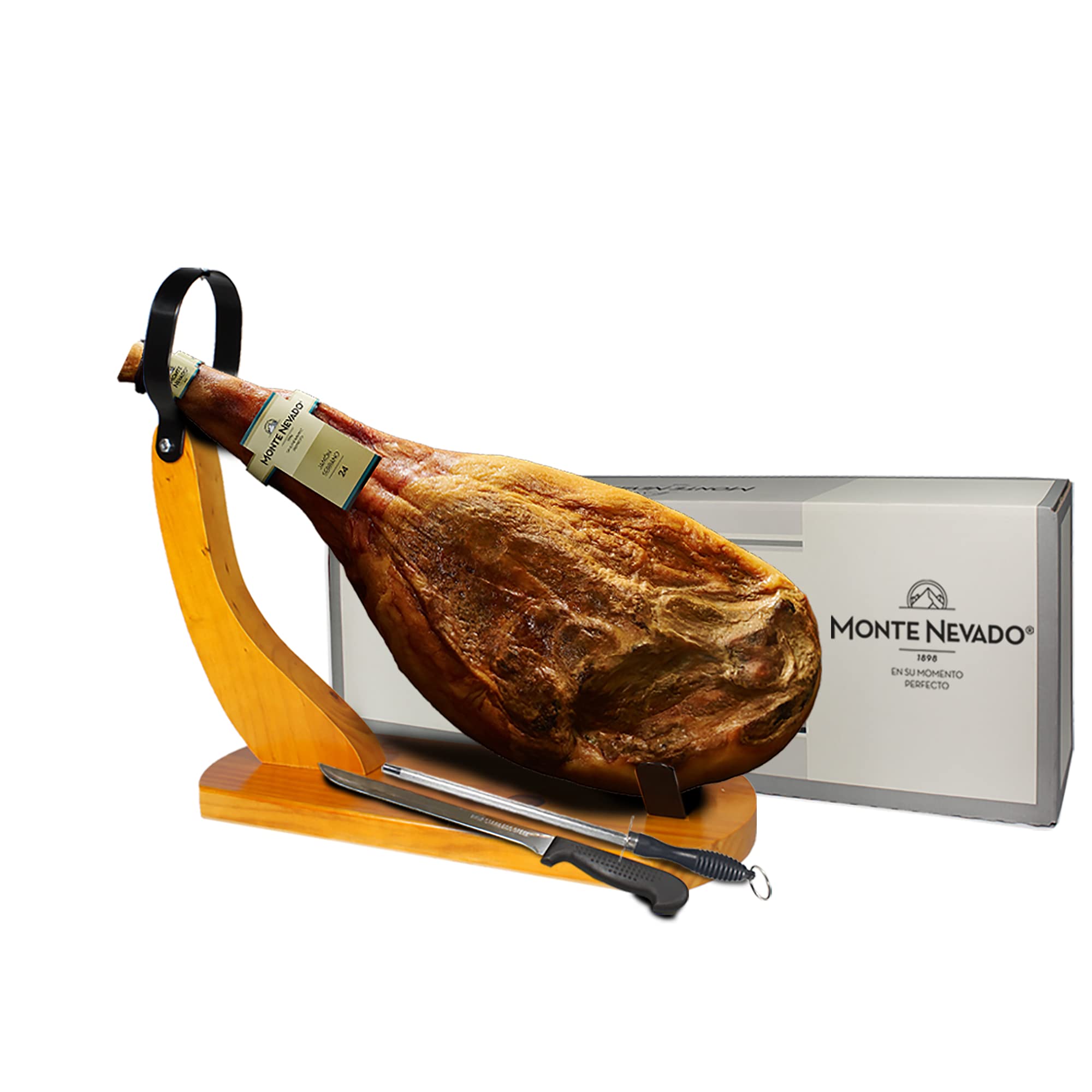 Premium Monte Nevado Serrano Ham from Spain - 16 lb Cured Ham with Stand & Knife - 24 Months Aged Jamon Serrano - Perfect Gift for Family & Friends - Ideal for Holiday Dinners, Charcuterie Boards & Spanish Cuisine