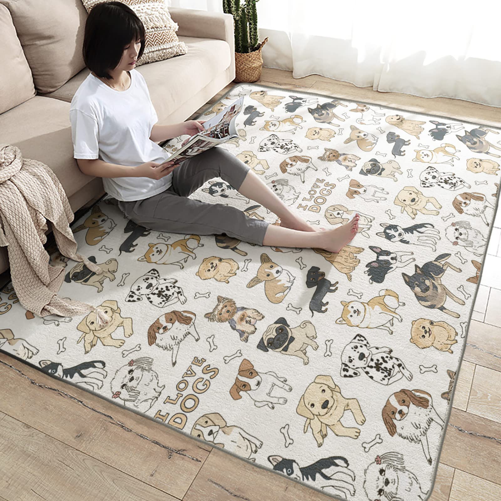 5x7 ft Cute Puppy Dog Area Rug - Soft Non-Slip Washable Indoor Carpet for Bedroom, Living Room & Kids Room Decor | Kawaii Animal Print Floor Mat for Home, Nursery & Playroom