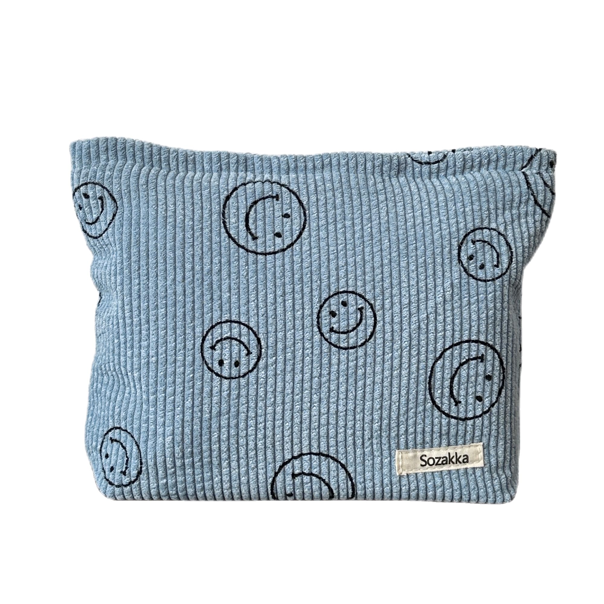 Corduroy Cosmetic Bag for Women - Aesthetic Smile Dots Makeup Organizer & Storage Pouch | Travel, Gym & Daily Use | Blue Makeup Bag for Girls & Teens