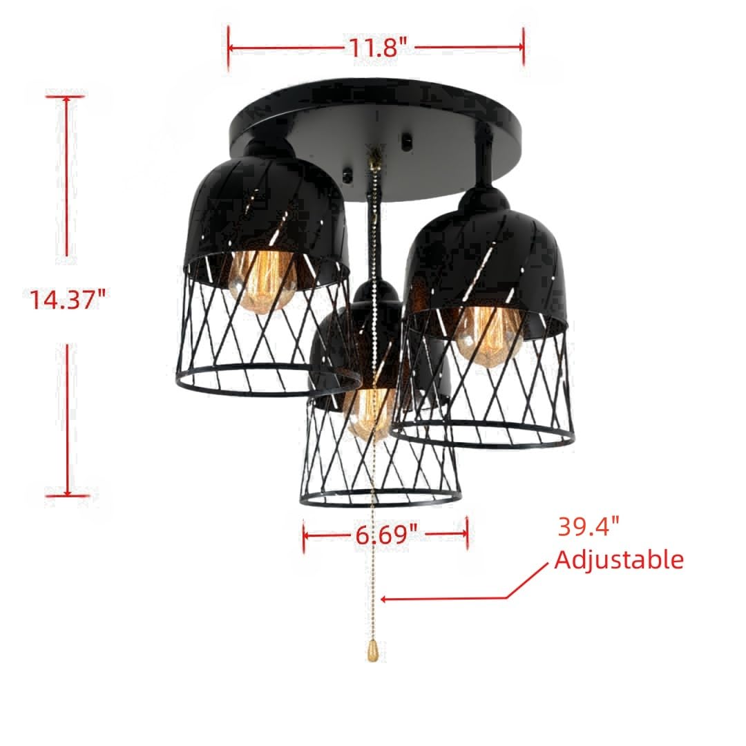 Vintage Industrial Black Ceiling Light Fixture with Pull Chain Switch - Semi Flush Mount Metal Cage Lighting for Living Room, Bedroom, or Kitchen - 3 Light Edison E26 Base - Beuhouz 8086