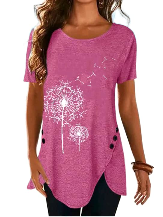 Women's Dandelion Print Tunic Tops - Casual Short Sleeve Flowy Blouse for Summer | Plus Size Tees to Wear with Leggings | Perfect for Beach Outings, Weekend Errands & Boho Style