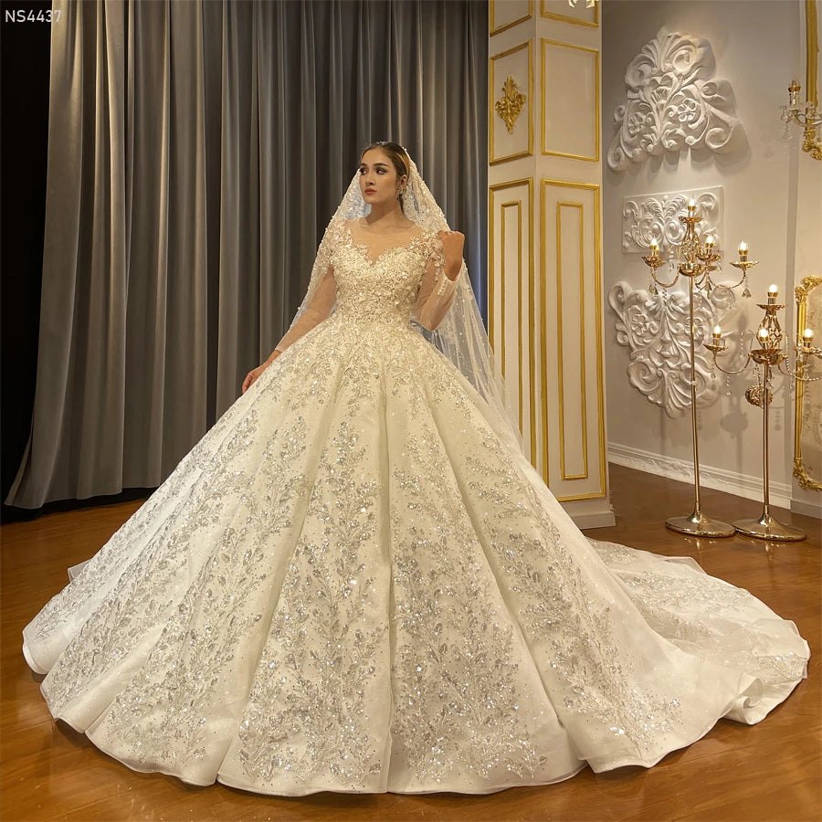 Elegant Long Sleeve Lace Applique Beaded Pleated Ball Gown Wedding Dress for Bride - Perfect for Church Ceremonies, Formal Weddings & Red Carpet Events
