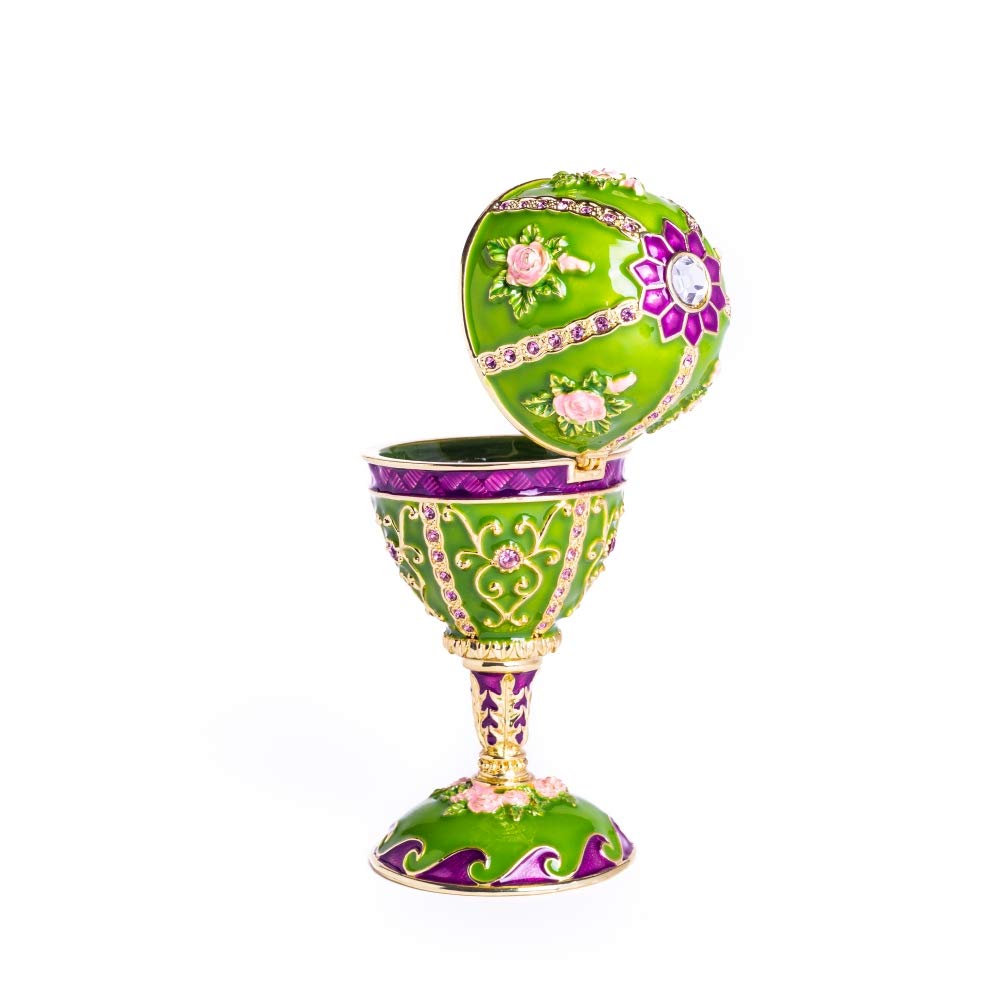 Golden Green Faberge Egg Music Box with Austrian Crystals - Handcrafted Russian Easter Egg Trinket Box Decorated with Flowers | Collectible Gift for Home Decor, Easter Celebration & Luxury Jewelry Storage