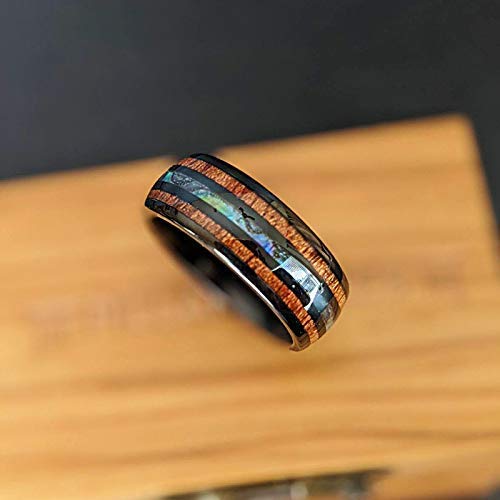 Premium Abalone & Koa Wood Inlay Tungsten Wedding Band for Men - 8mm Comfort Fit Black Ring - Unique Anniversary Gift for Him - Perfect for Tropical Weddings, Beach Proposals & Romantic Occasions