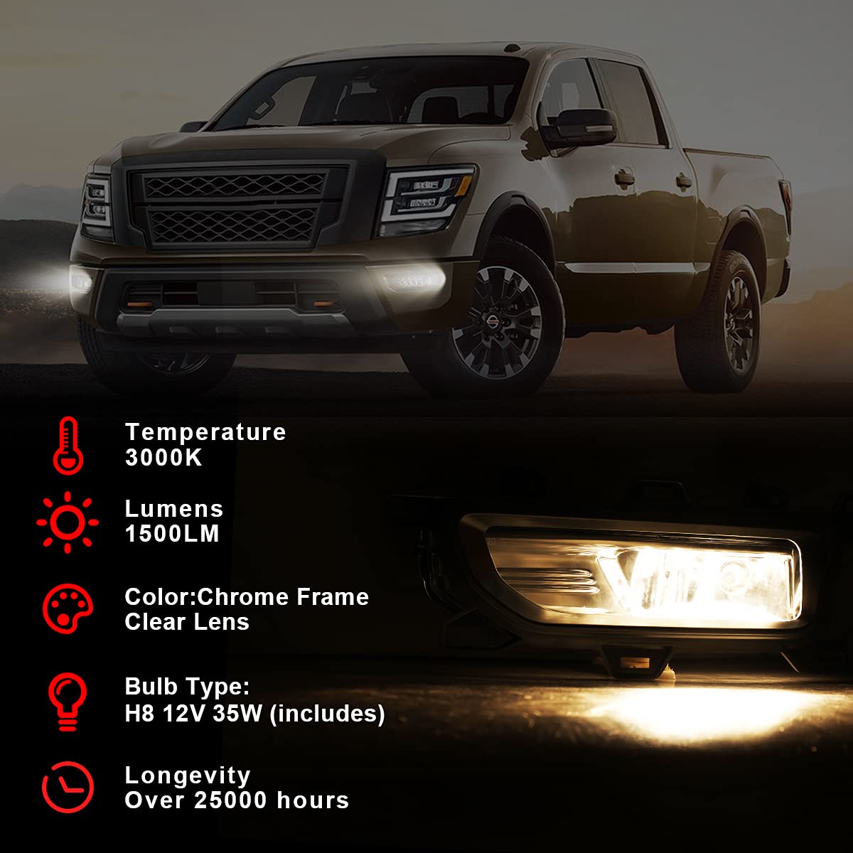ROXX Fog Lights Assembly for 2020-2025 Nissan Titan - Chrome Bezel Fog Lamps Kit with Wiring Harness & Switch (H8 Halogen Bulb Included) - Perfect for Night Driving & Off-Road Adventures