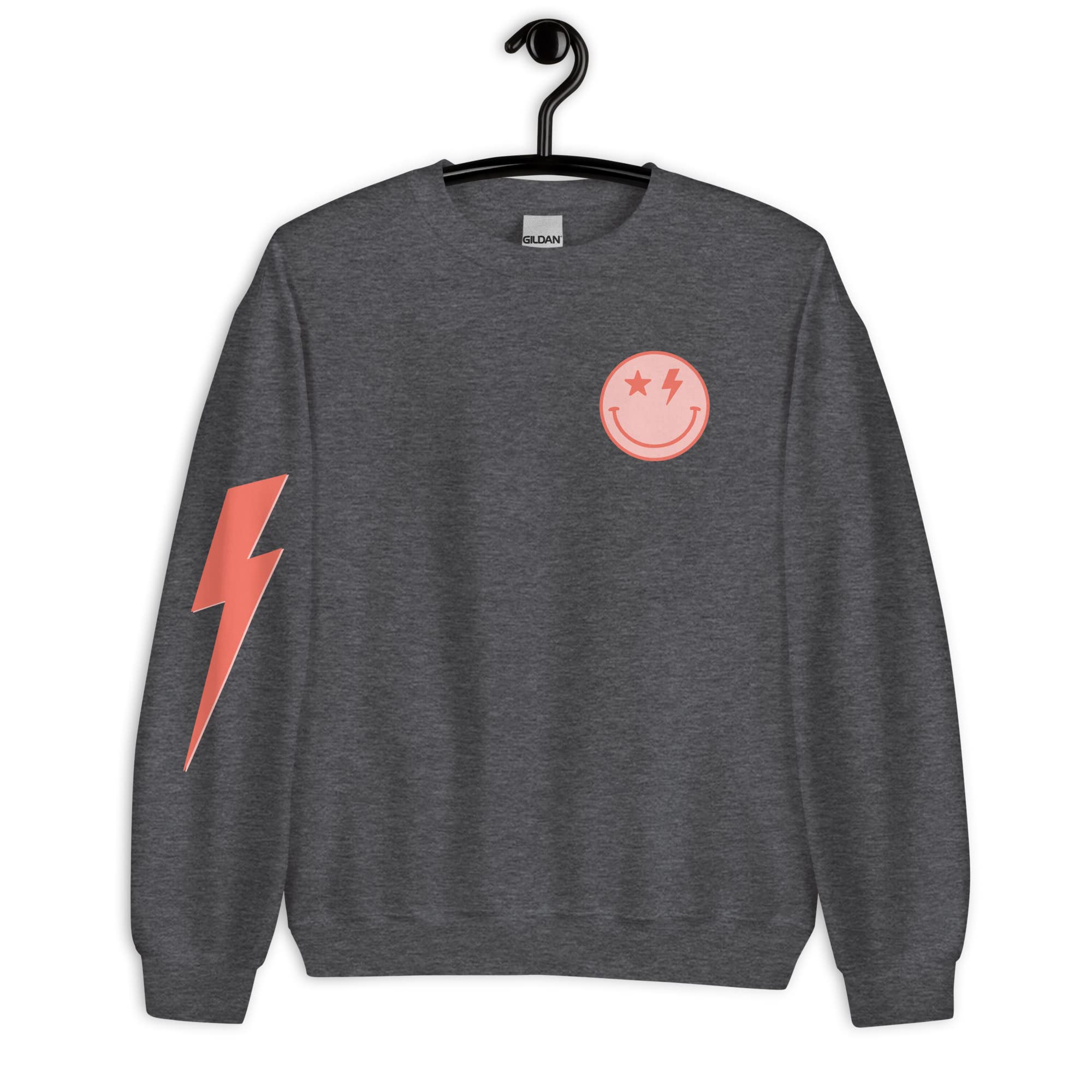 Orange Smiley Face Lightning Bolt Unisex Sweatshirt - Graphic Crewneck Long Sleeve Pullover for Men & Women | Casual Wear, Street Style, Gift Idea