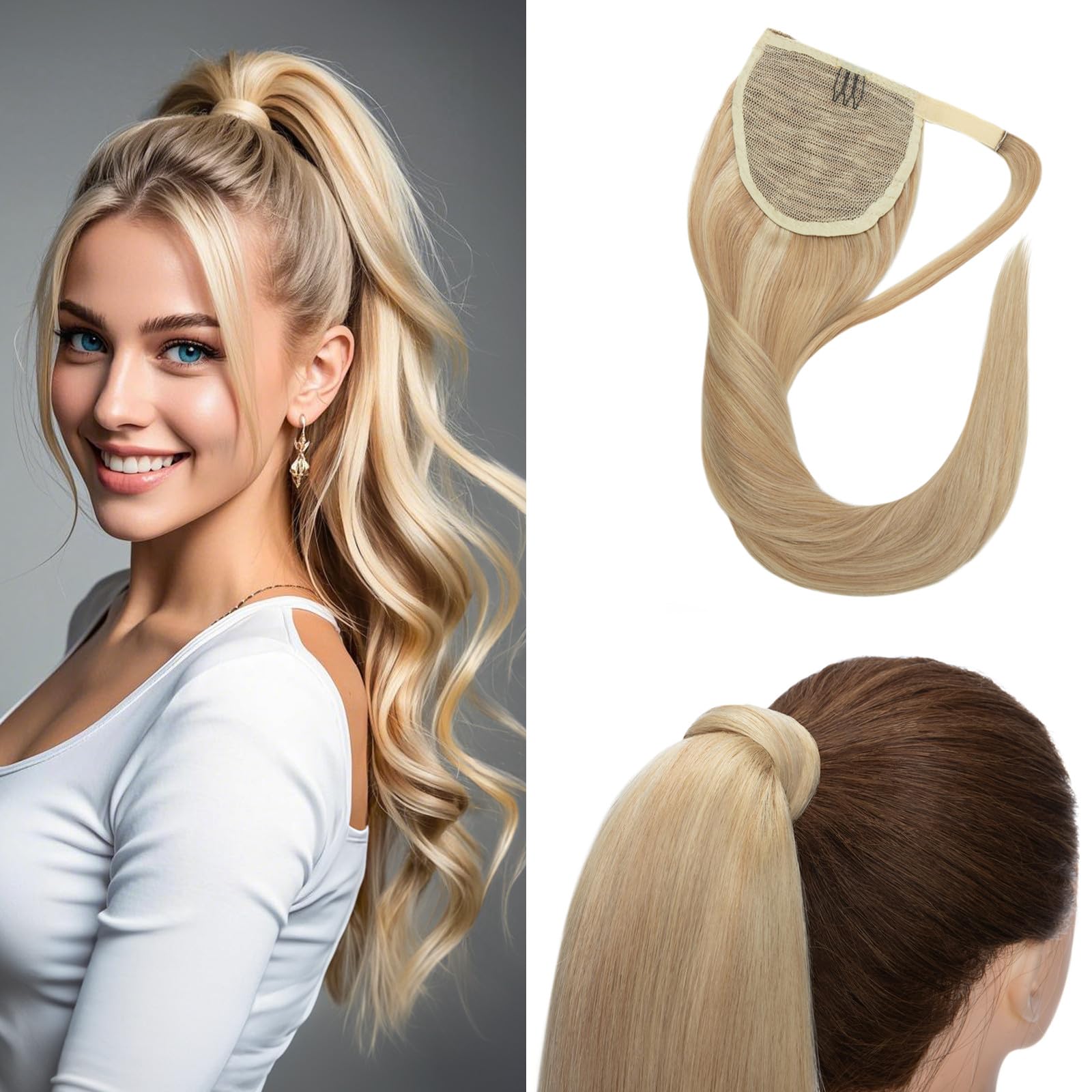 20 Inch Real Human Hair Ponytail Extensions - #18P613 Ash Blonde & Bleach Blonde Wrap Around Clip In Ponytail for Women (90g) | Long Straight Hairpiece for Parties, Weddings & Daily Styling