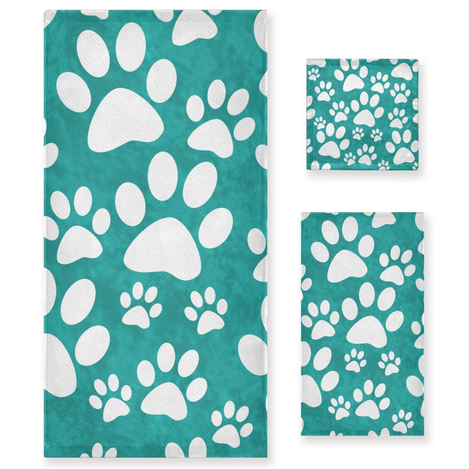 Premium Dog Paw Print Bath Towel Set - 3-Piece Soft Absorbent Cotton Bathroom Towels (1 Bath Towel, 1 Hand Towel & 1 Washcloth) for Home, Hotel, Gym, Pool & Spa - Cute Pet-Themed Bath Accessories for Dog Lovers