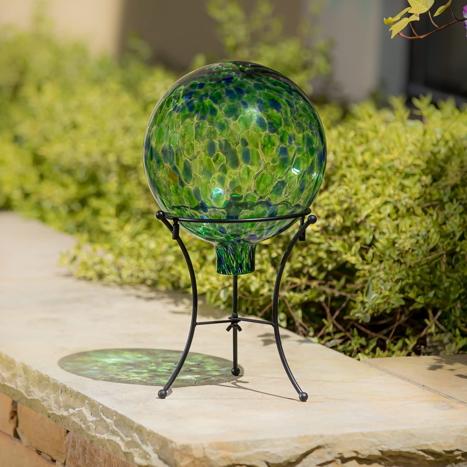 Evergreen 10-Inch Art Glass Turquoise Confetti Gazing Ball with Stand - Perfect for Garden Decor, Patio Ornament, and Outdoor Decoration
