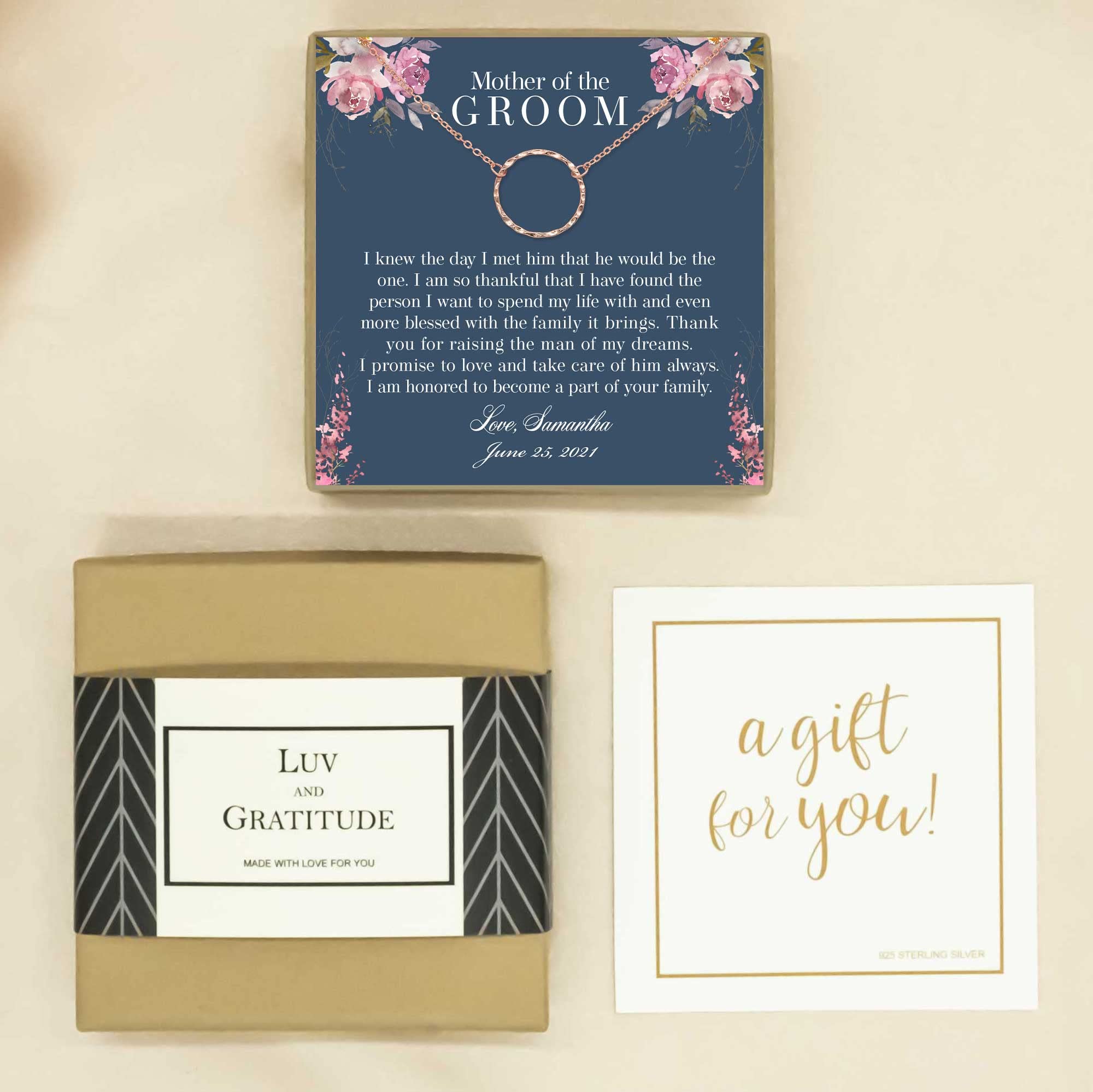 Personalized Mother of the Groom Necklace Gift from Bride - Rose Gold Hammered Ring Jewelry for Wedding, Mother-in-Law Present - Perfect for Bridal Shower, Rehearsal Dinner & Special Occasions