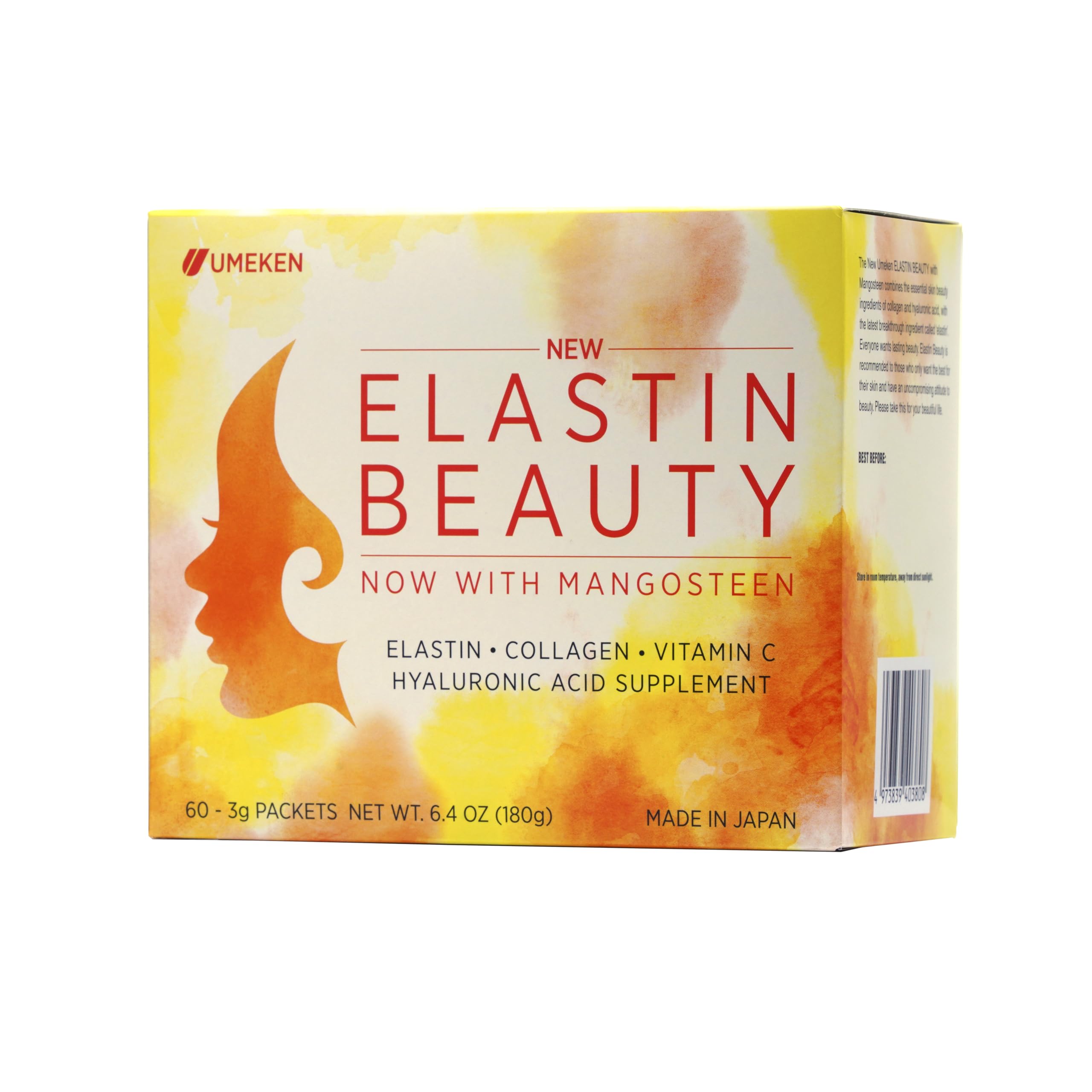 Umeken Elastin Beauty Powder Supplement with Collagen Peptides & Hyaluronic Acid - Vitamin C & Mangosteen Fruit for Women's Health - 60 Packets (1 Month Supply) - Skin Hydration & Anti-Aging Support for Daily Beauty Routine