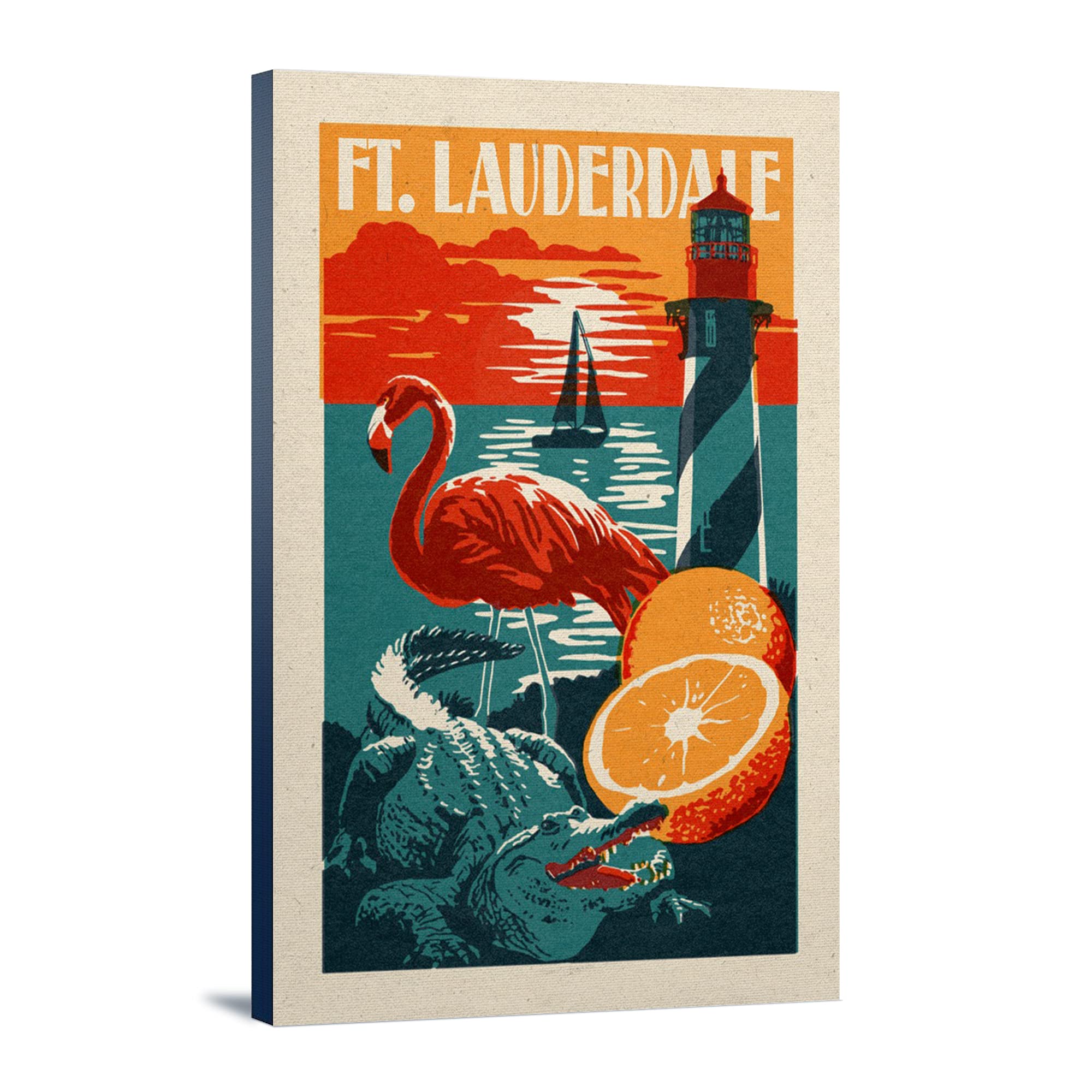 Florida Woodblock Art - 16x24 Wrapped Canvas Wall Decor for Living Room, Bedroom & Office | Ft. Lauderdale Landscape Painting, Ready to Hang Home Decor