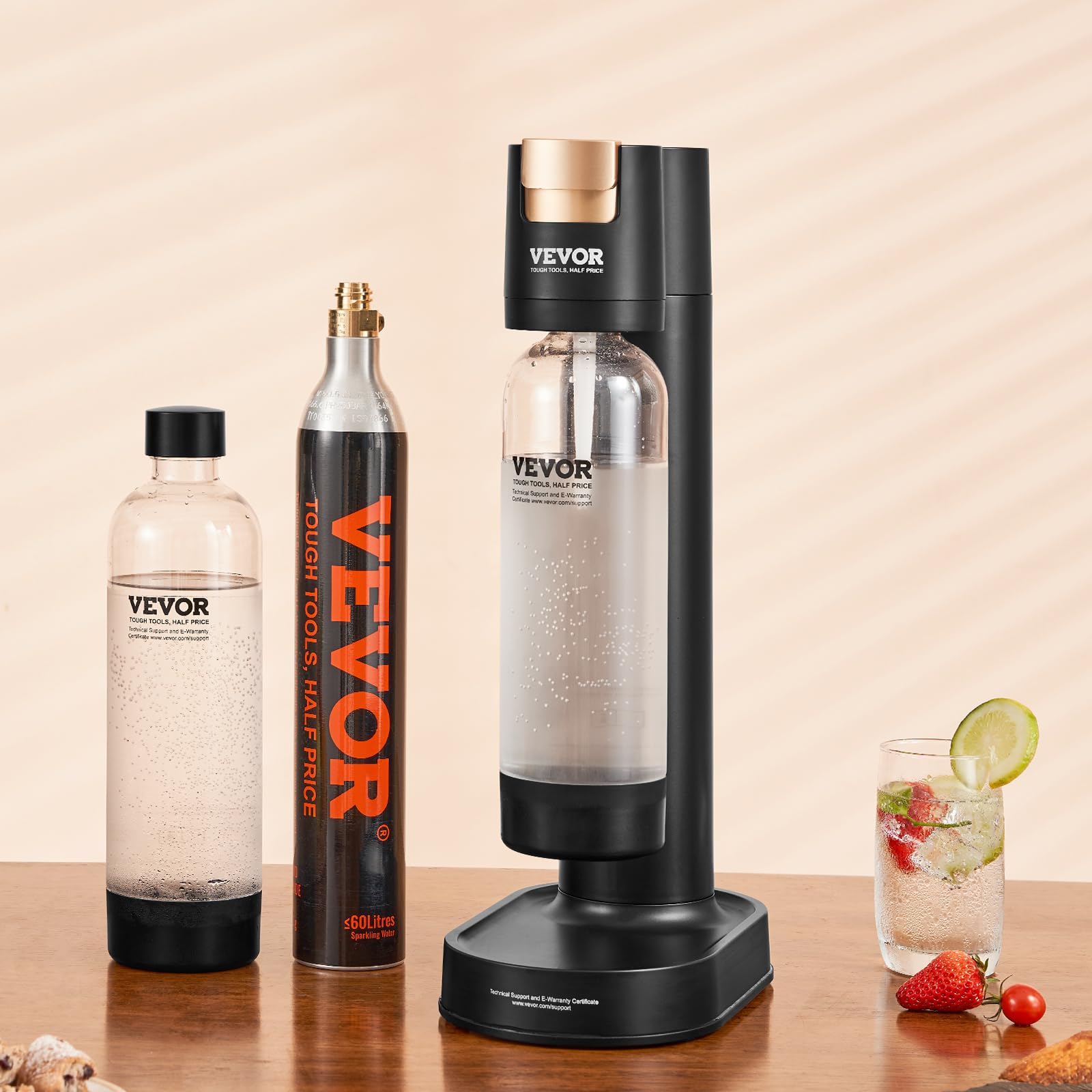 VEVOR Sparkling Water Maker - Home Soda Machine with 2 BPA-Free 1L PET Bottles | CO2 Carbonation System (Cylinder Included, No Gas) | Works with 60L Screw-in CO2 Tanks | Perfect for Homemade Soda, Flavored Water & Cocktails
