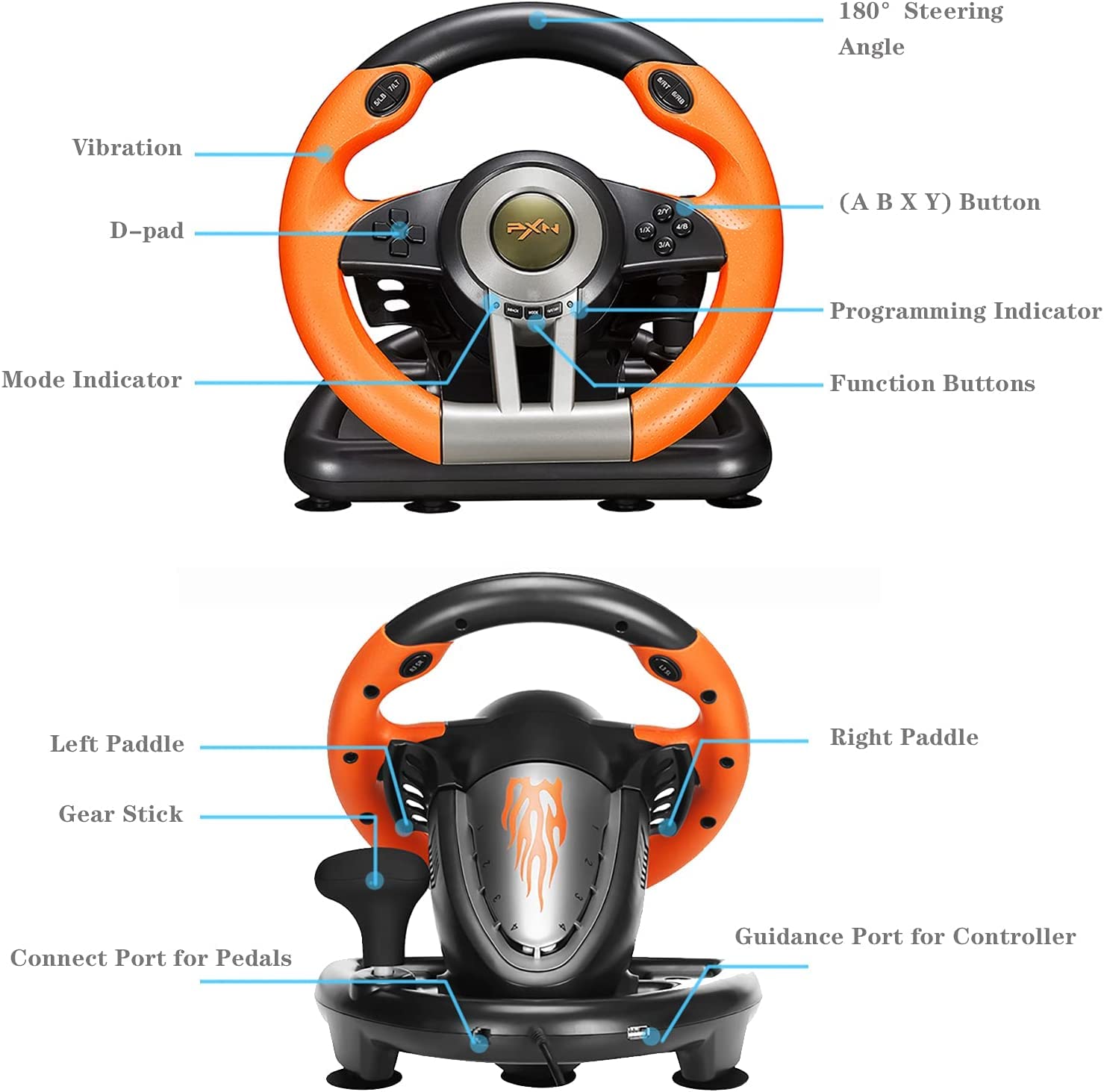 PXN V3 Pro Racing Wheel - 180° Steering Wheel for PS3, PS4, Xbox One, Xbox Series X/S, Nintendo Switch & PC - with Paddle Shifters, Gear Stick & Adjustable Pedals (Orange) - Perfect for Racing Games & Simulation Driving