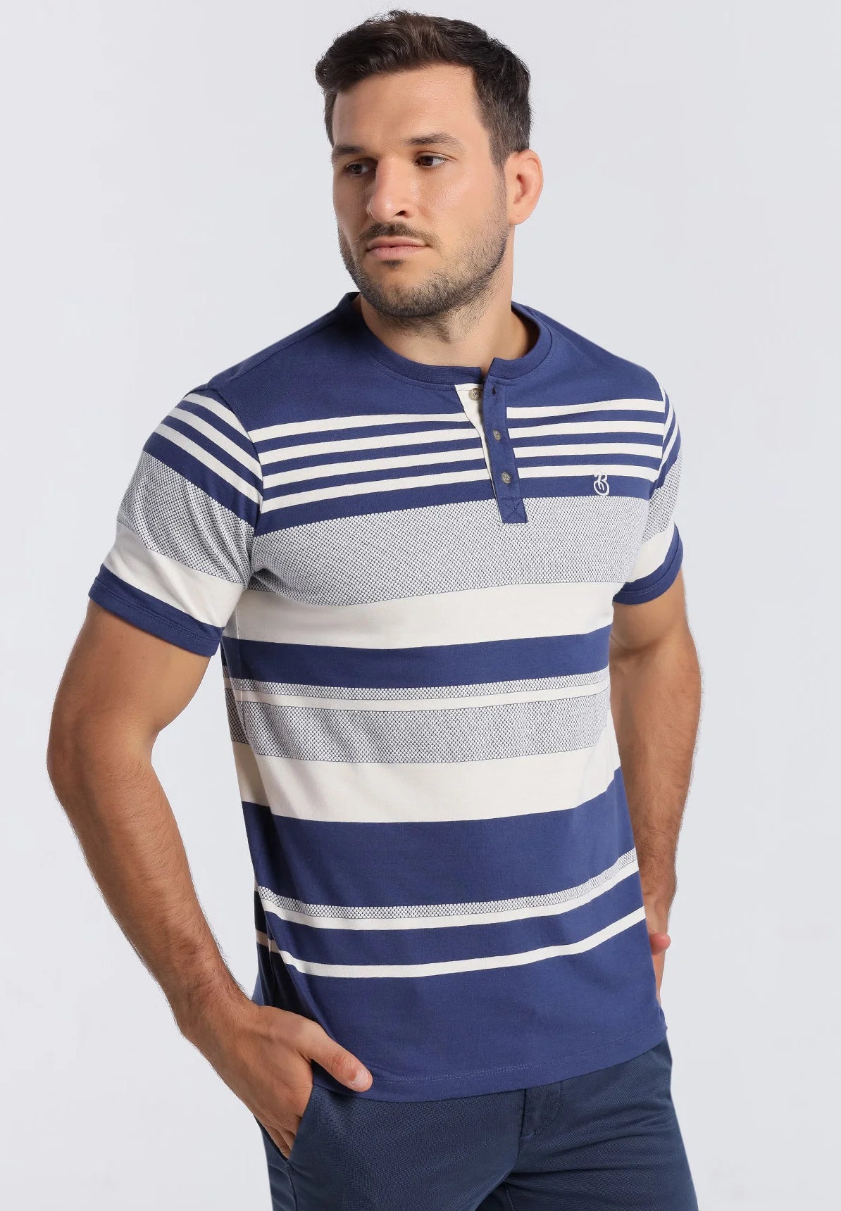 Bendorff Men's Striped Cotton Henley T-Shirt - Soft Casual Short Sleeve Button-Up Shirt for Everyday Wear, Outdoors & Layering - Blue